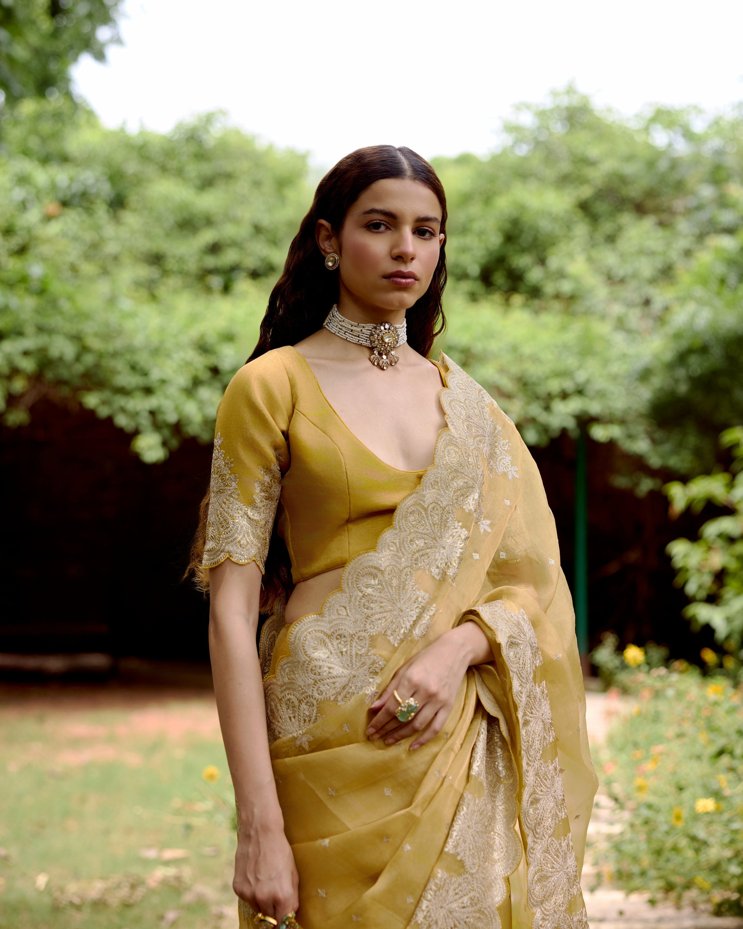 Yellow Gold Organza Tissue Saree with Sequin and Zari