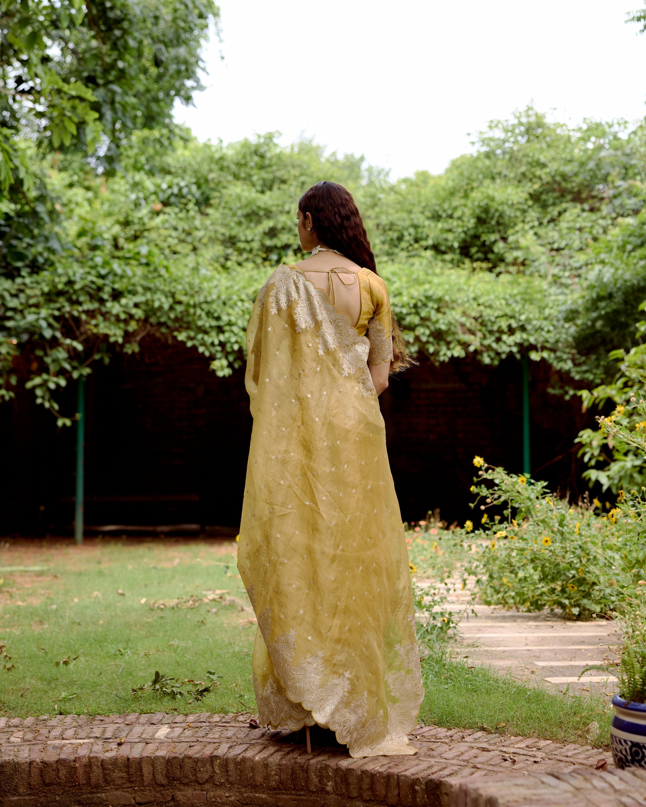 Yellow Gold Organza Tissue Saree with Sequin and Zari