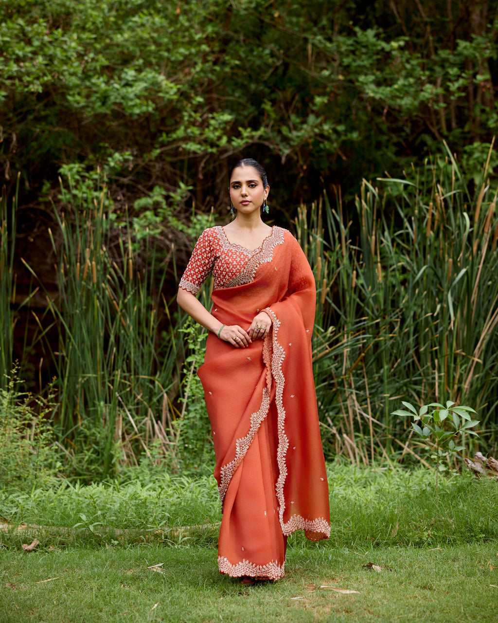 Rust Organza Saree with Pearls