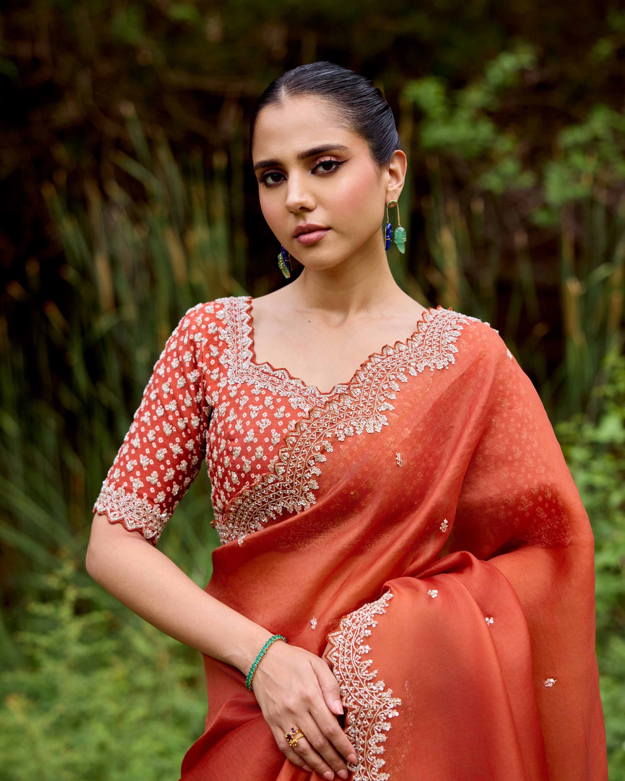 Rust Organza Saree with Pearls