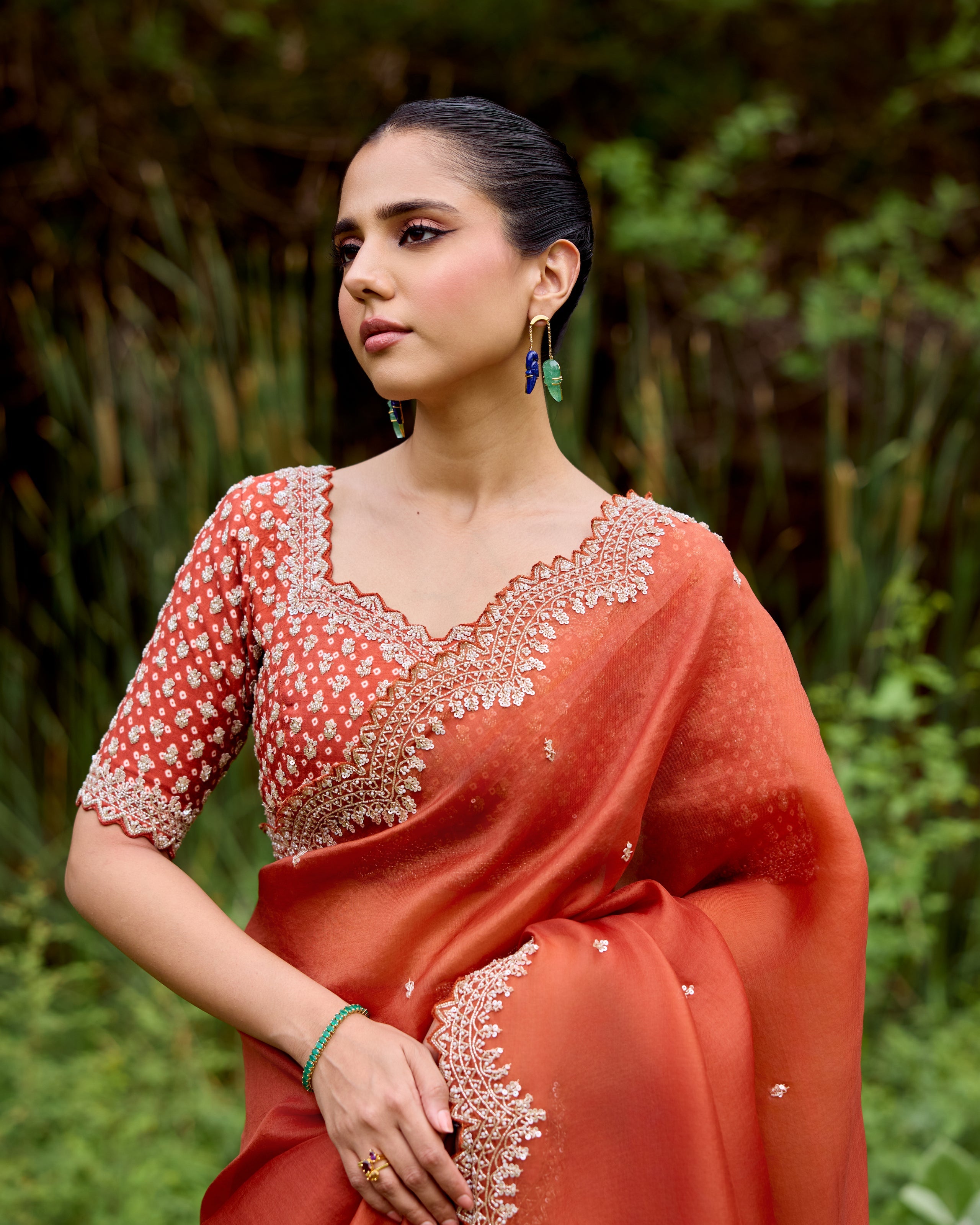 Rust Organza Saree with Pearls