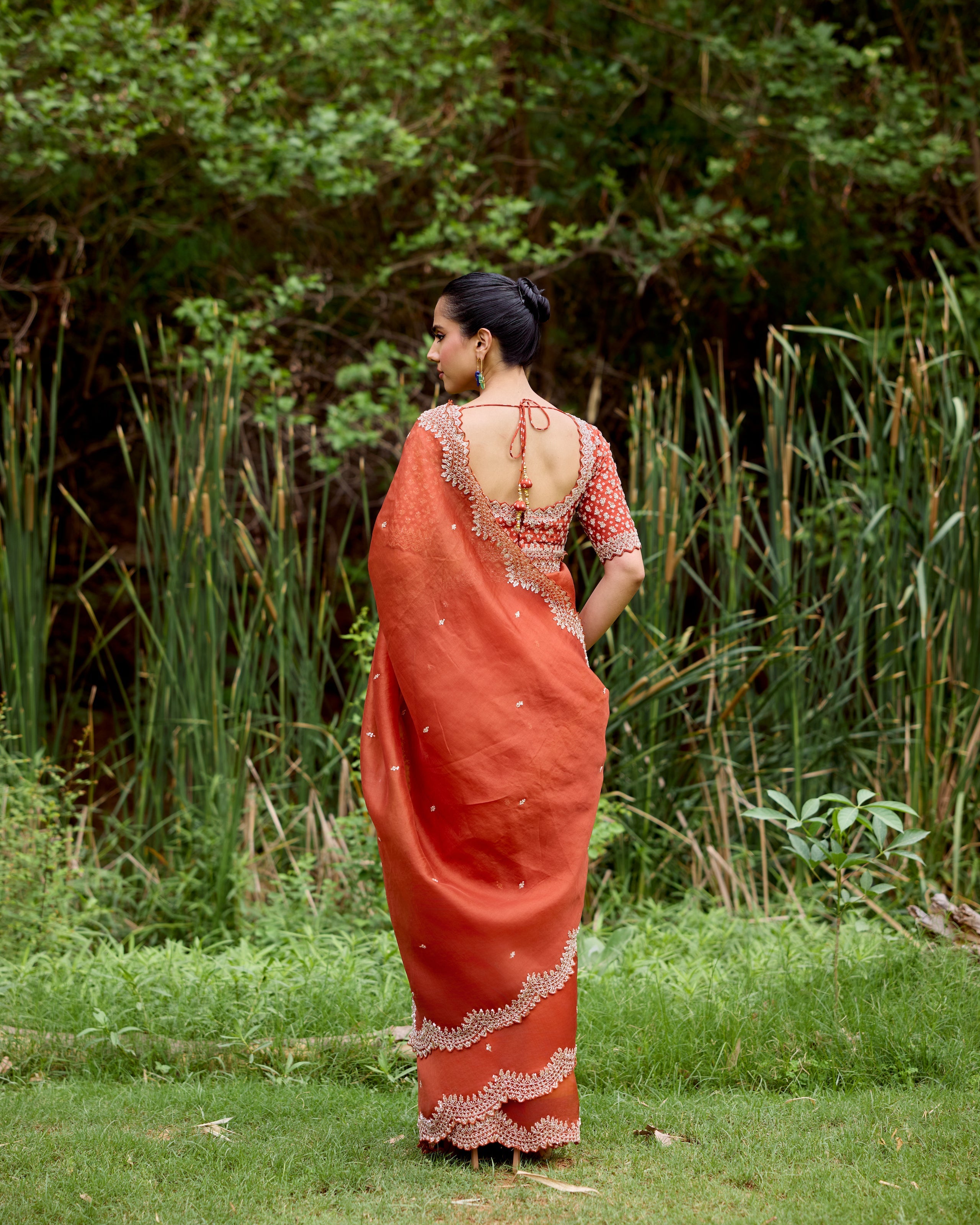 Rust Organza Saree with Pearls