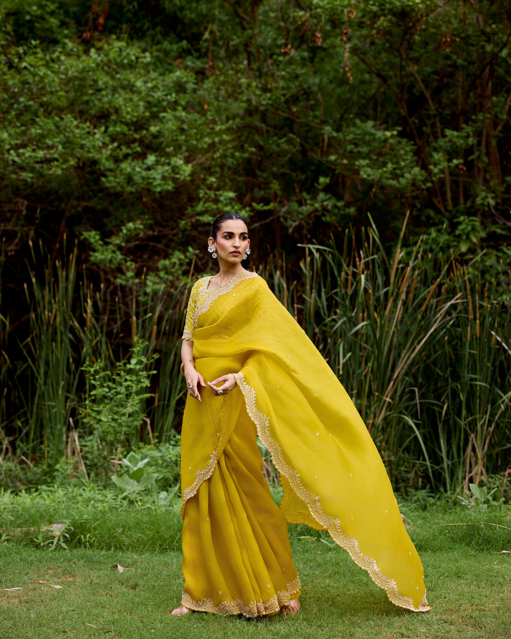 Yellow Organza Saree with Pearls