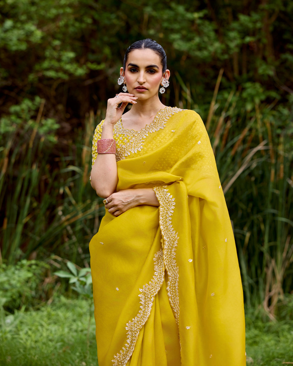 Yellow Organza Saree with Pearls