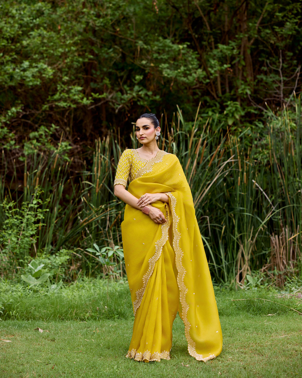 Yellow Organza Saree with Pearls