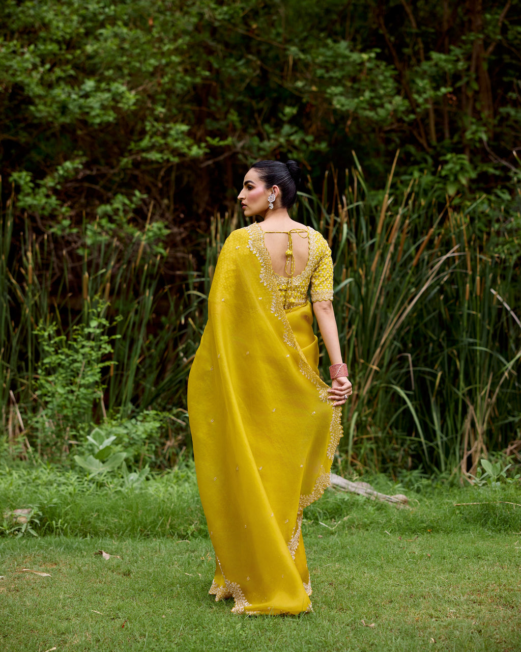 Yellow Organza Saree with Pearls
