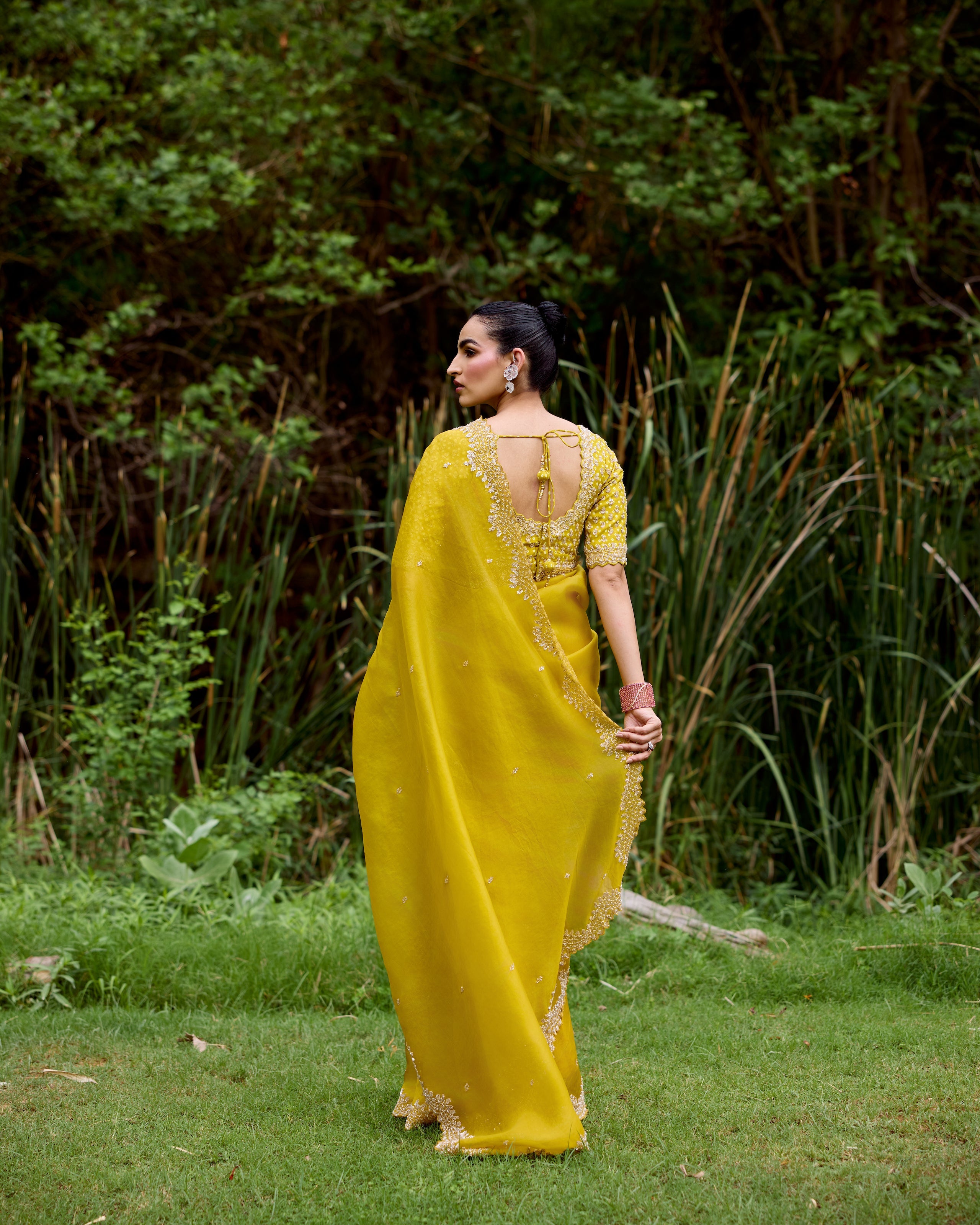 Yellow Organza Saree with Pearls