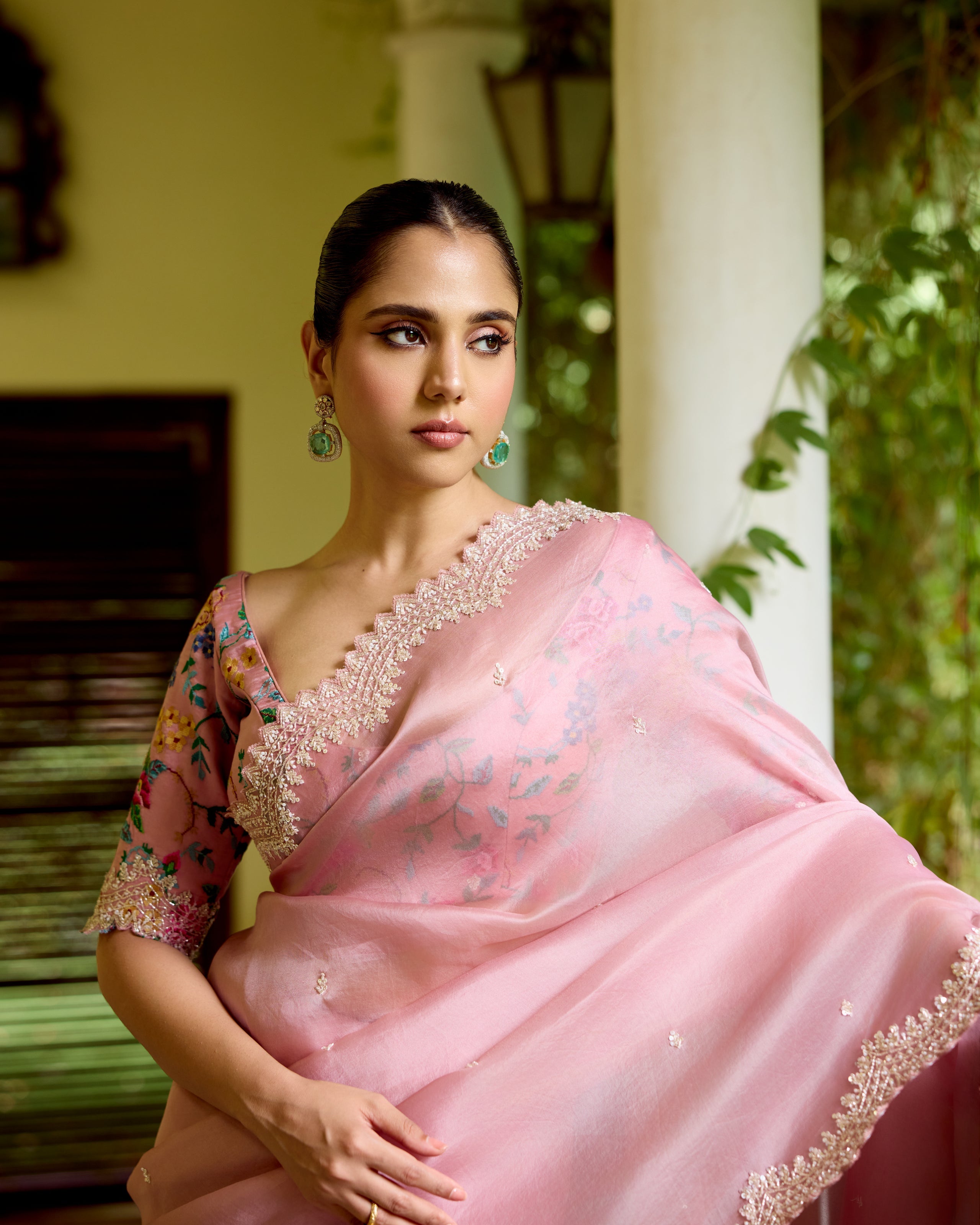 Pink Organza Sequin Embroidery Saree