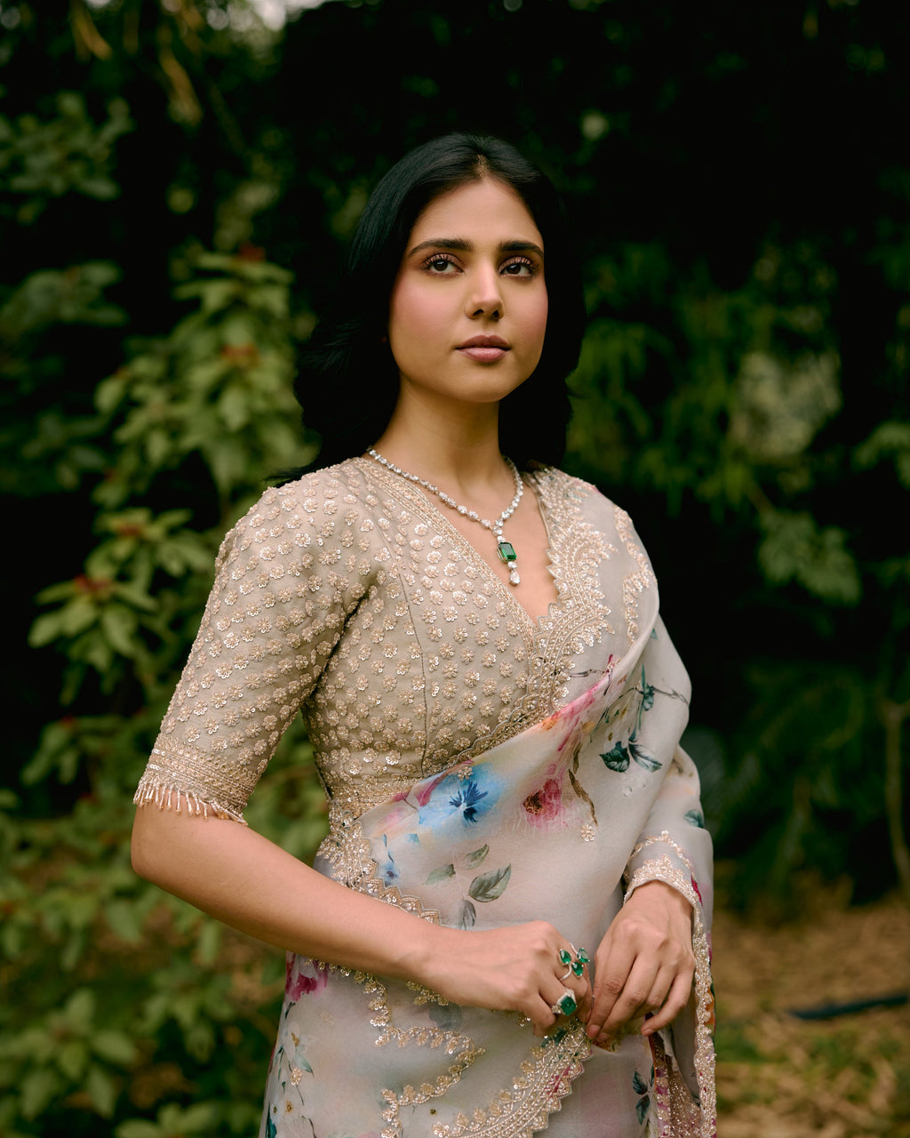 Grey Printed Organza Saree with Handwork