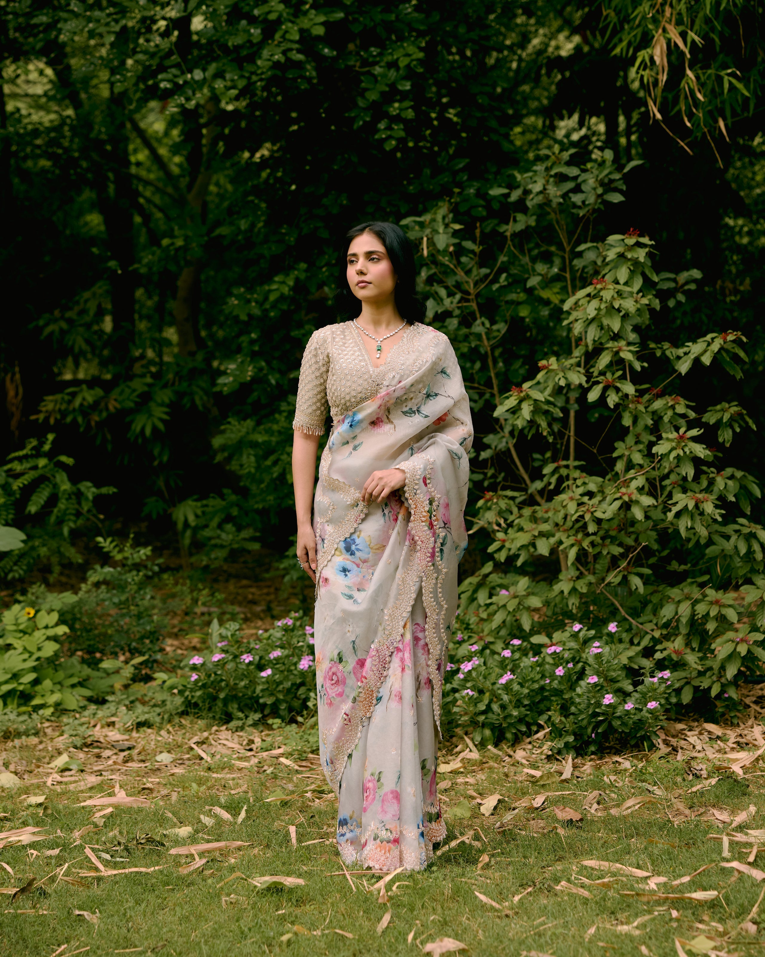 Grey Printed Organza Saree with Handwork