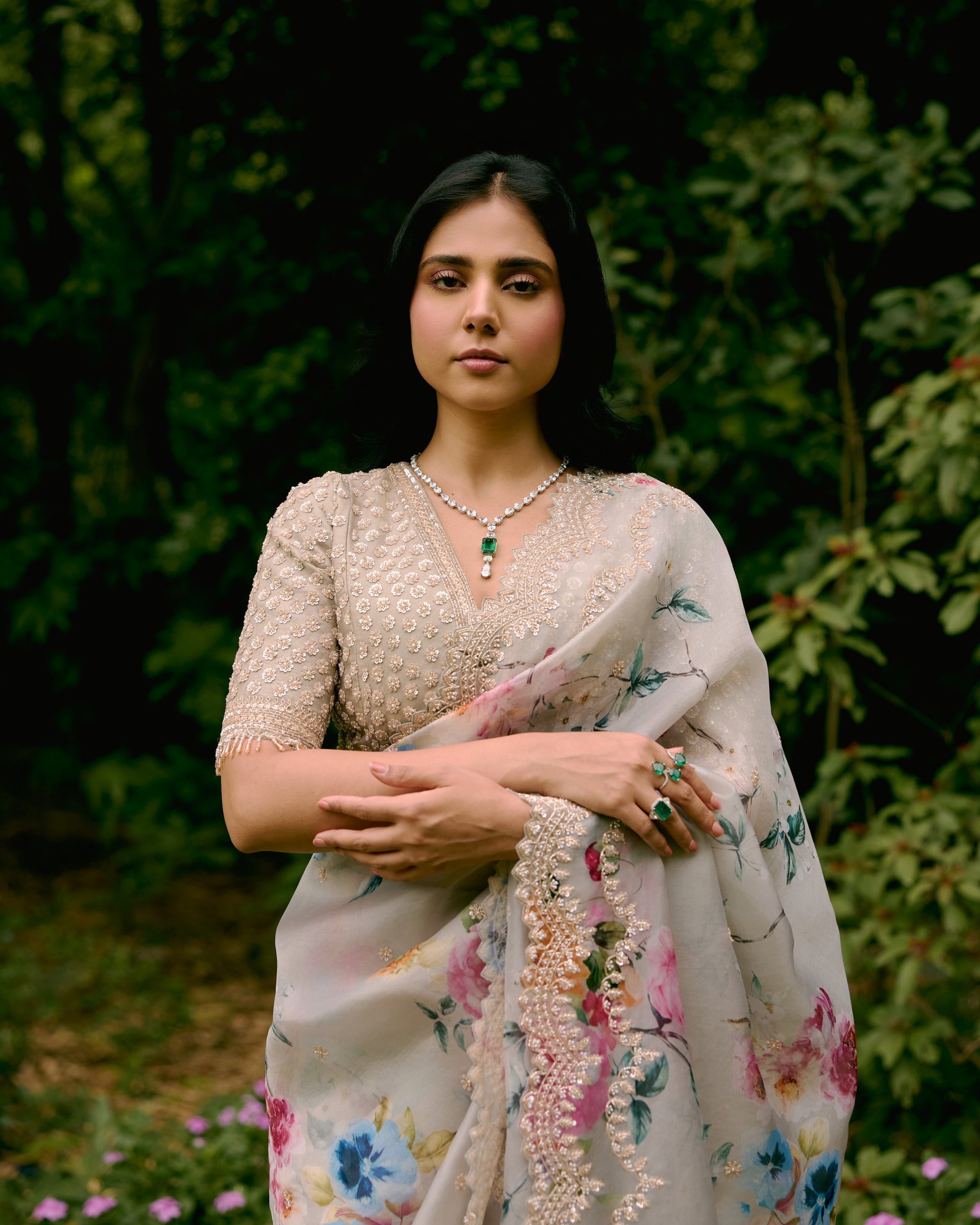 Grey Printed Organza Saree with Handwork