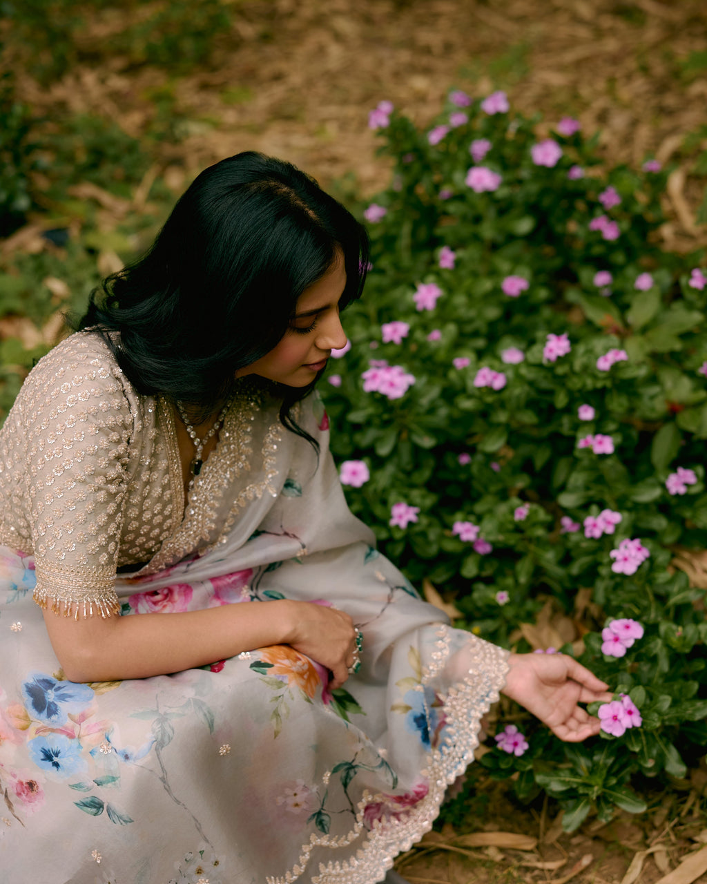 Grey Printed Organza Saree with Handwork