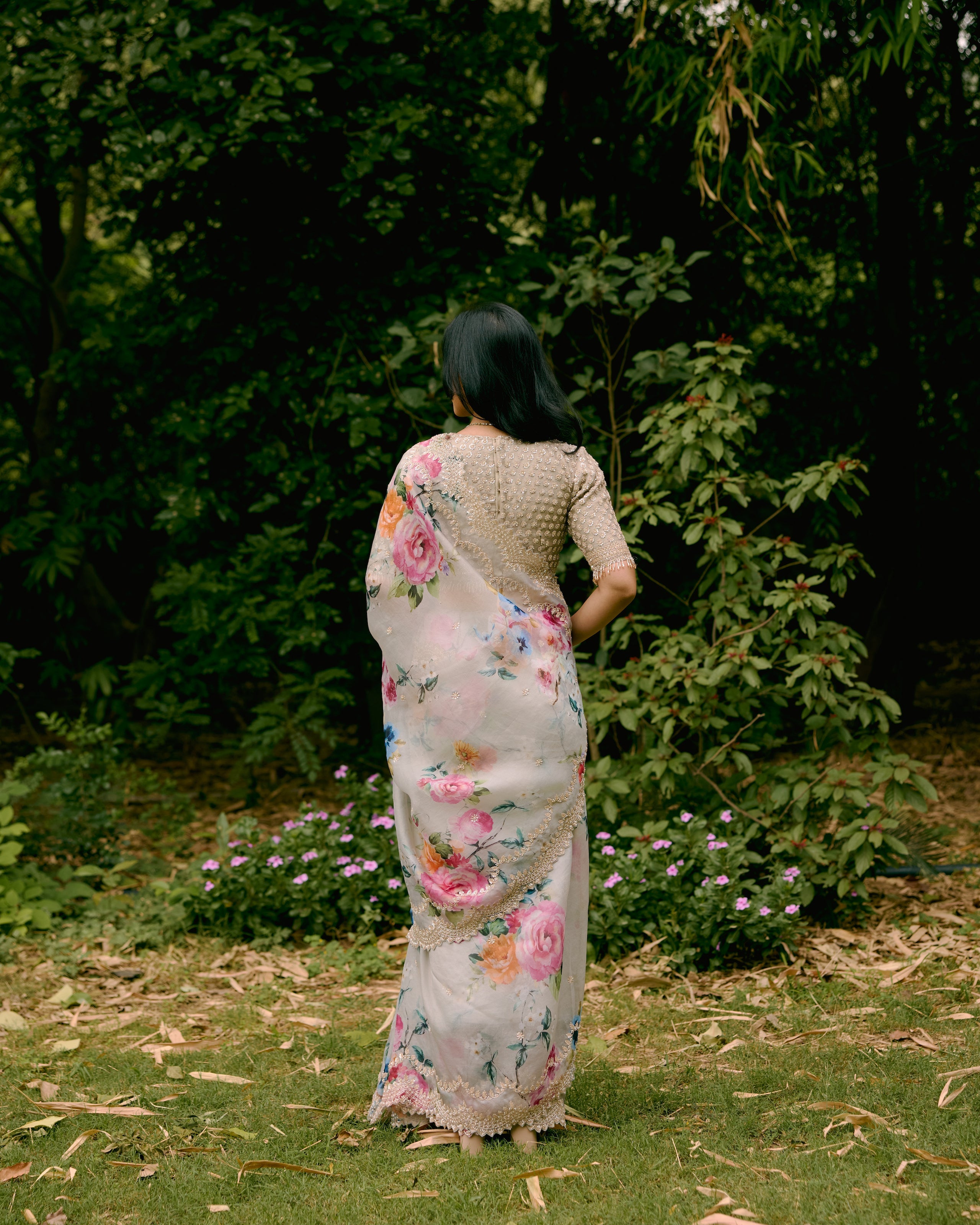 Grey Printed Organza Saree with Handwork