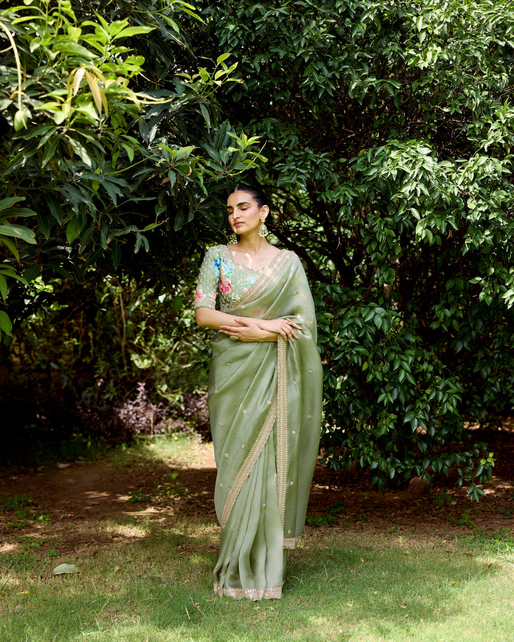 Sage Green Organza Saree with Cutdana and Pearls