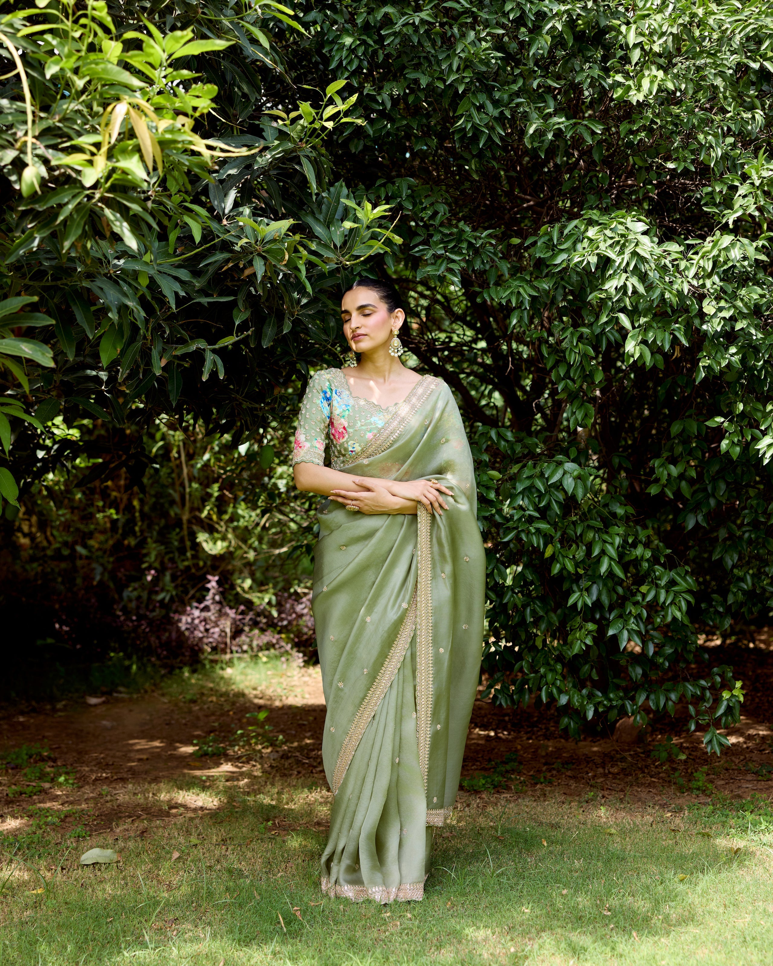 Sage Green Organza Saree with Cutdana and Pearls