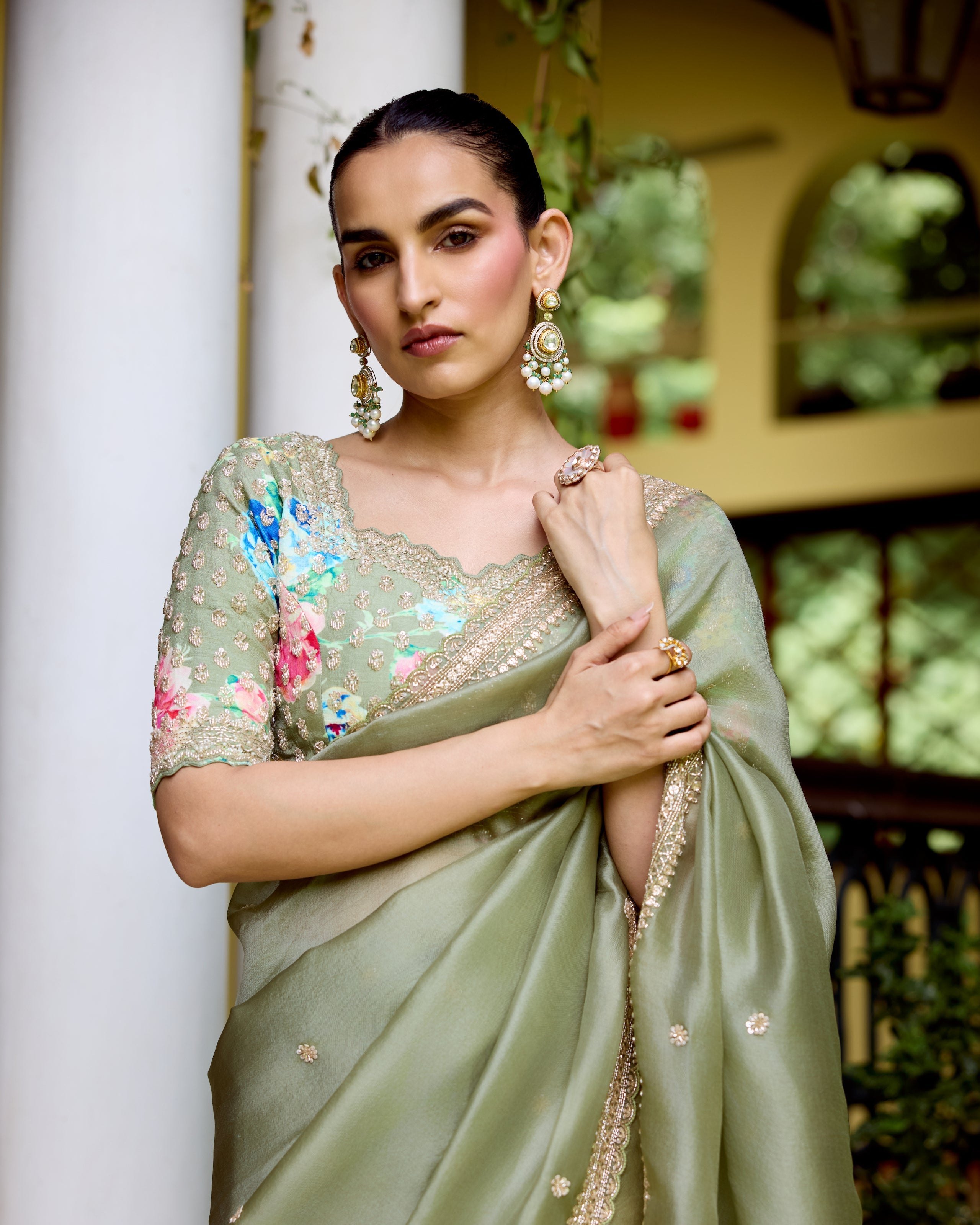 Sage Green Organza Saree with Cutdana and Pearls