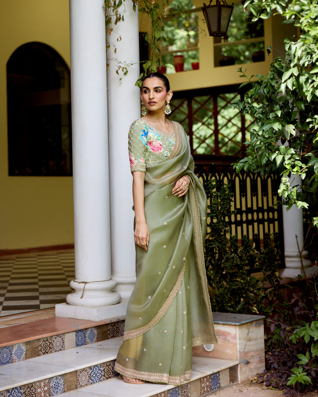 Sage Green Organza Saree with Cutdana and Pearls