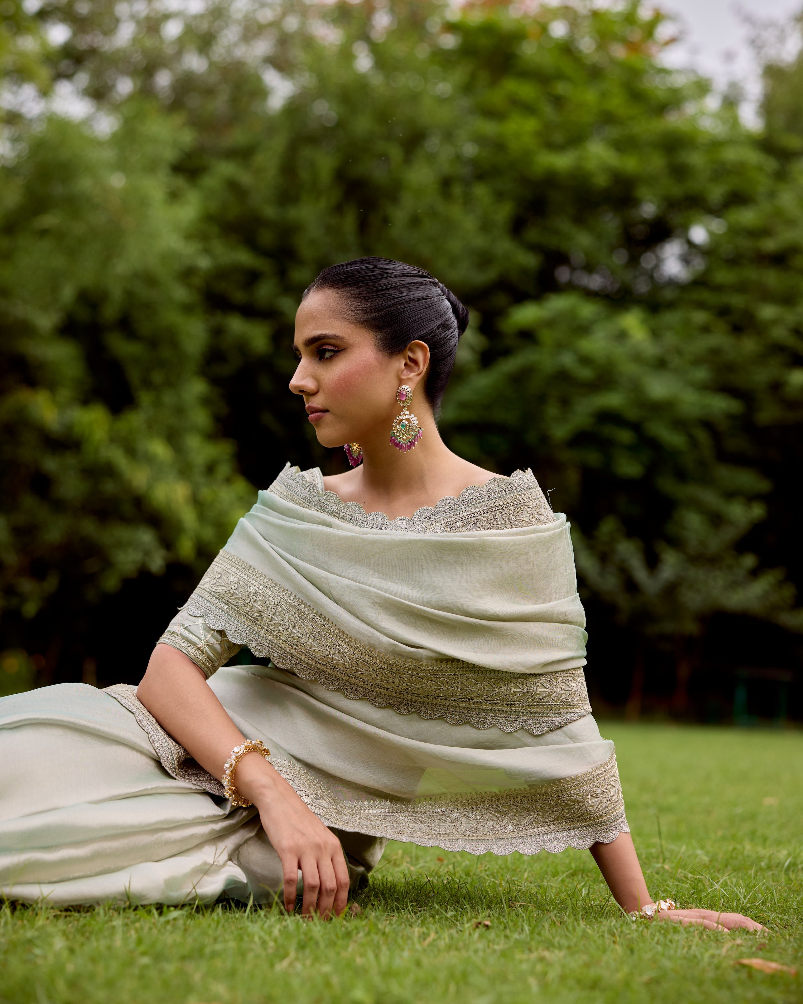 Green Organza Tissue Saree with Zari