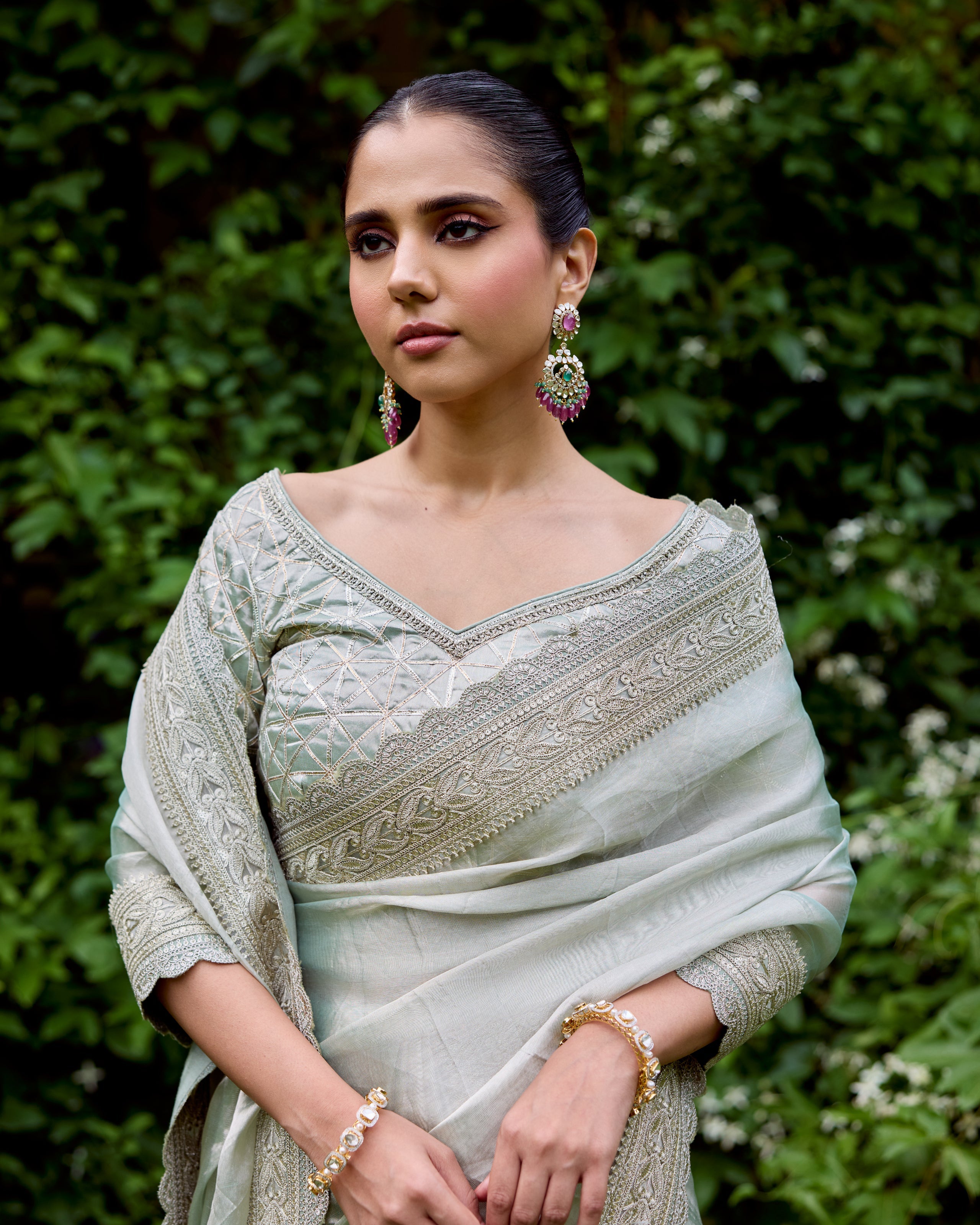 Green Organza Tissue Saree with Zari