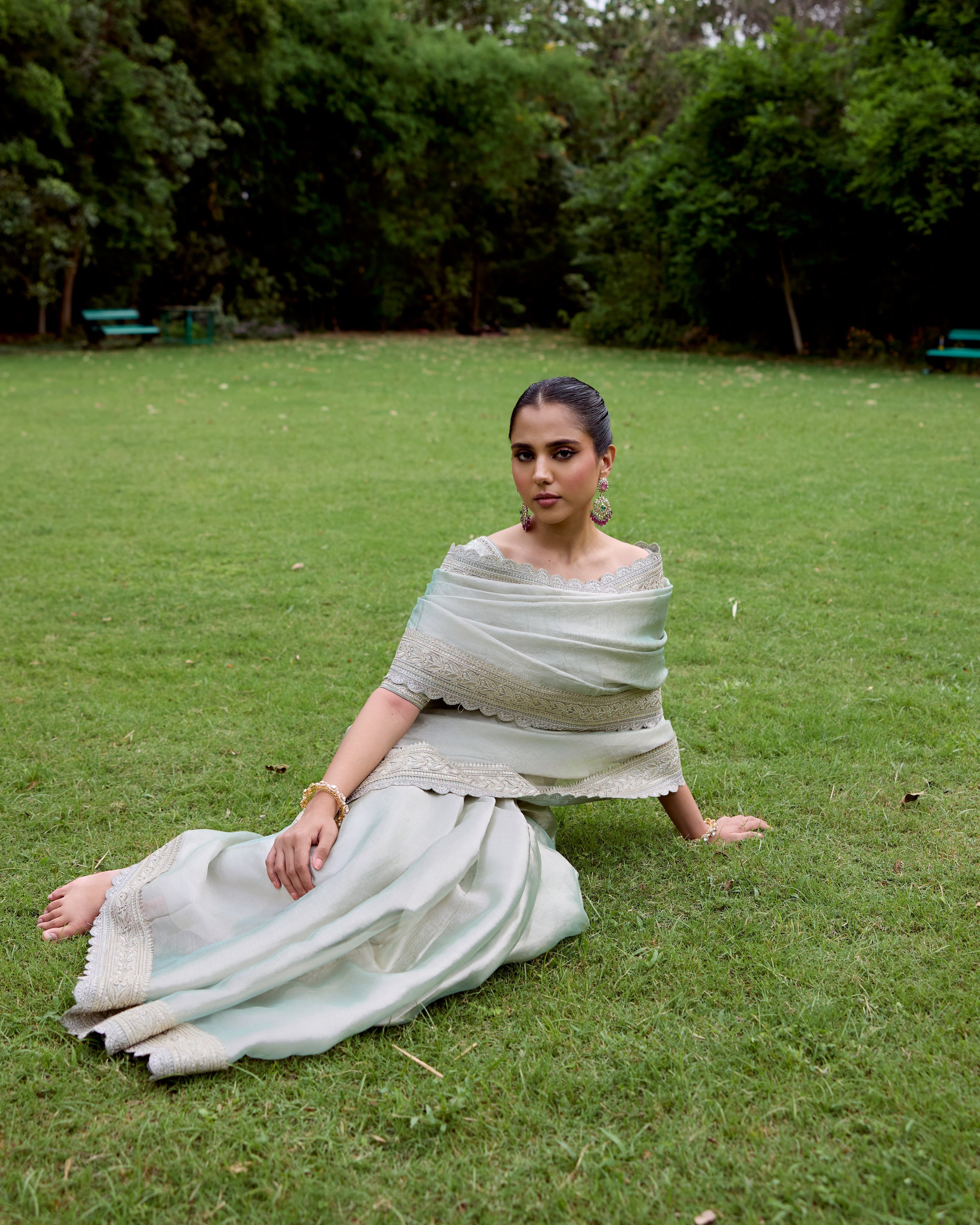 Green Organza Tissue Saree with Zari