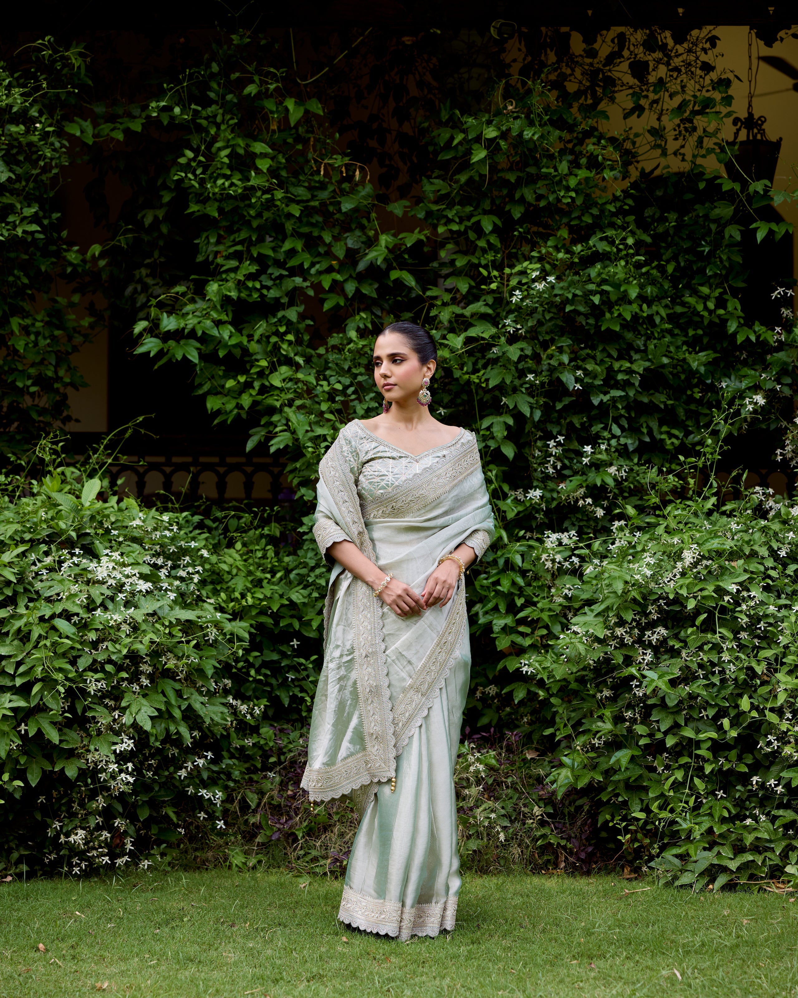 Green Organza Tissue Saree with Zari