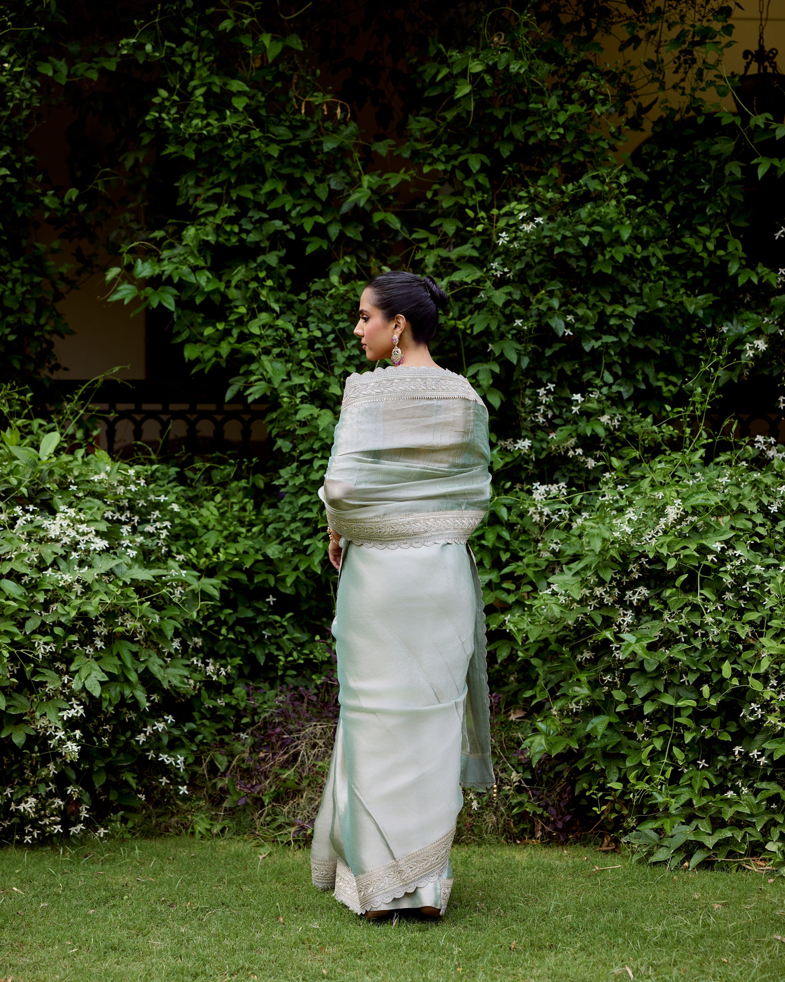 Green Organza Tissue Saree with Zari