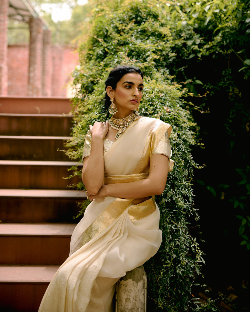 Ivory Organza Saree with Lumpi Border