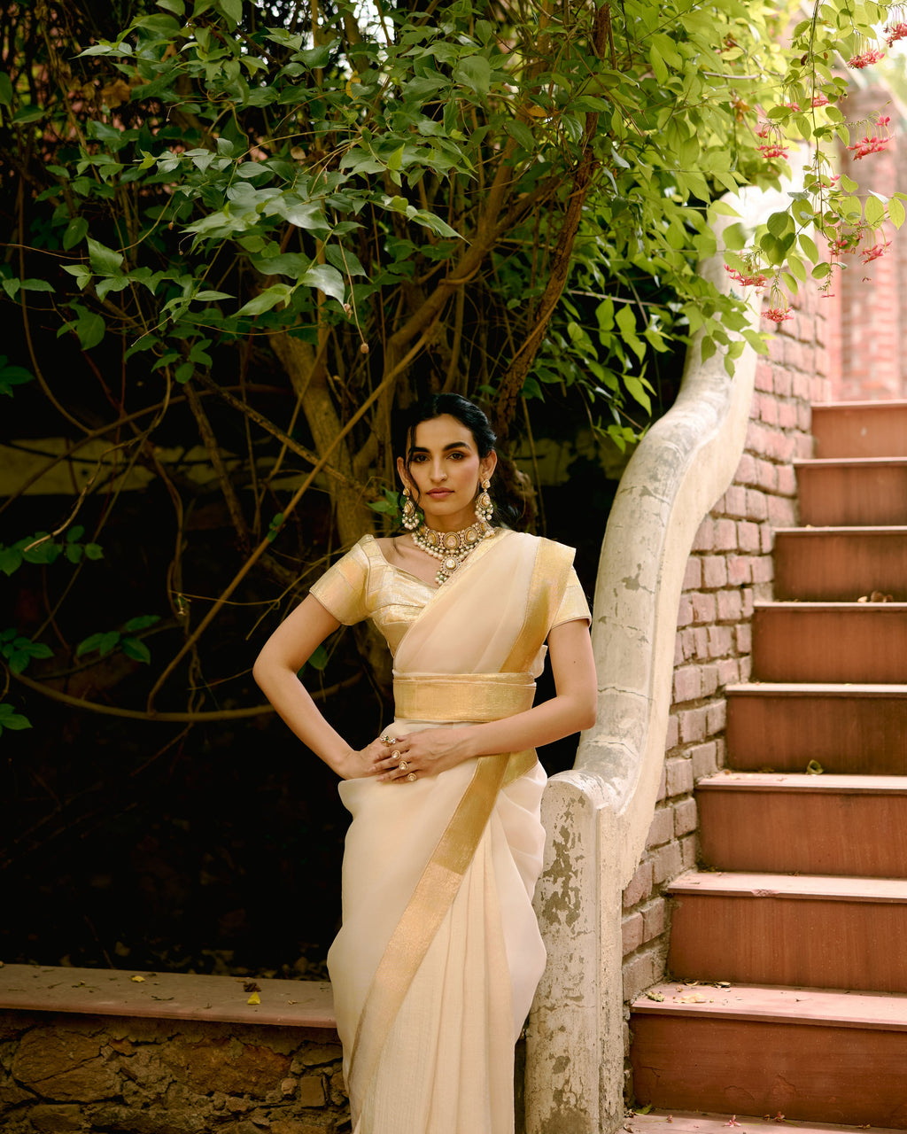 Ivory Organza Saree with Lumpi Border