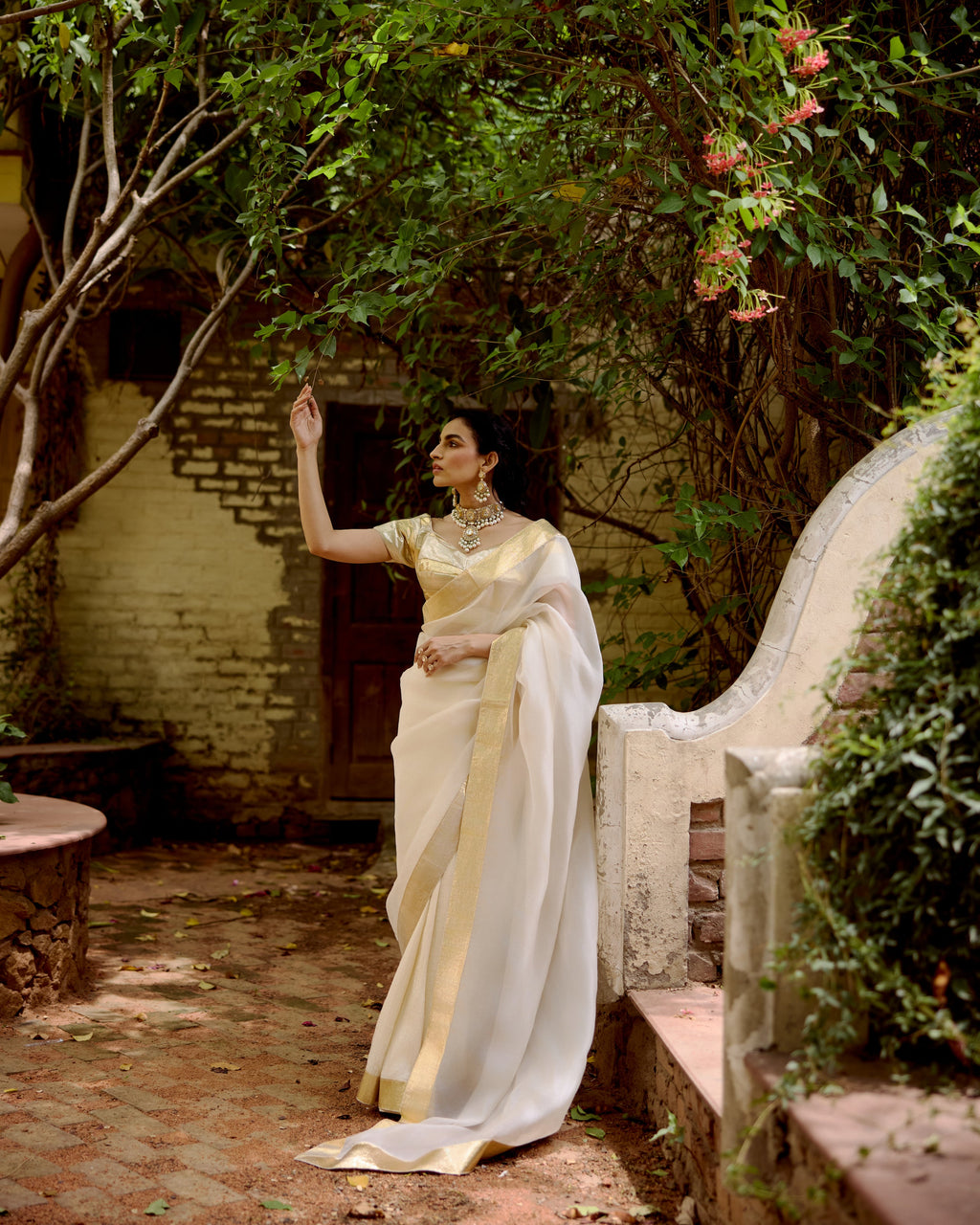 Ivory Organza Saree with Lumpi Border