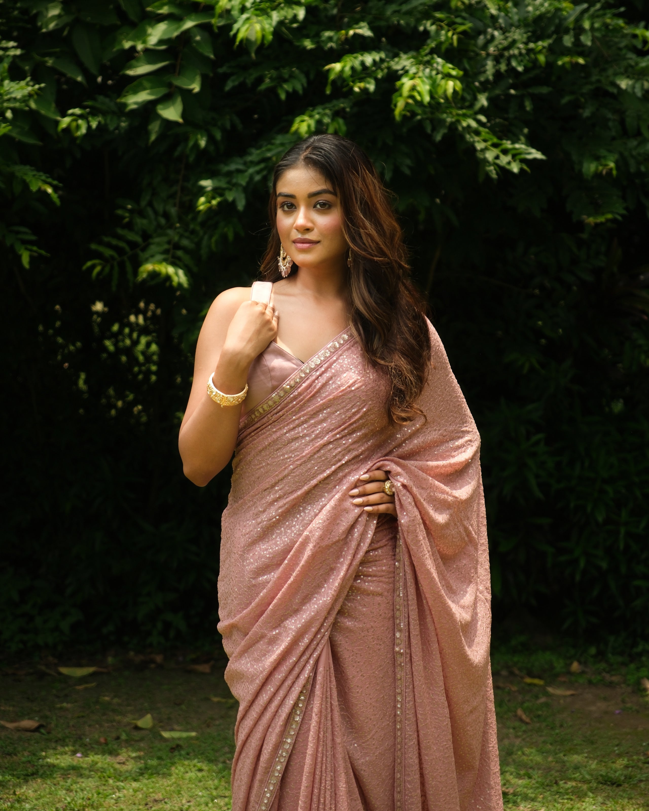 Rose Pink Georgette Sequins Saree