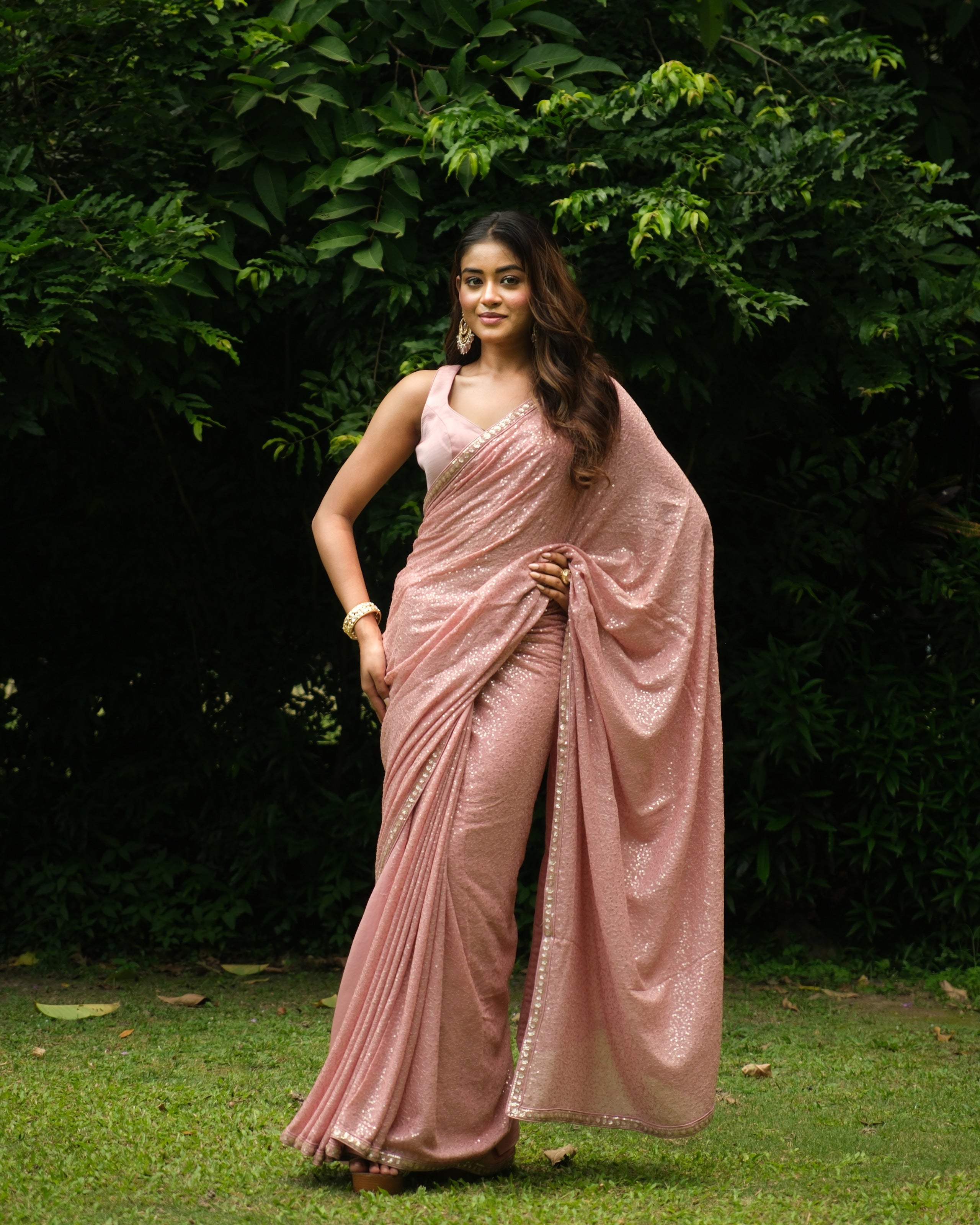Rose Pink Georgette Sequins Saree
