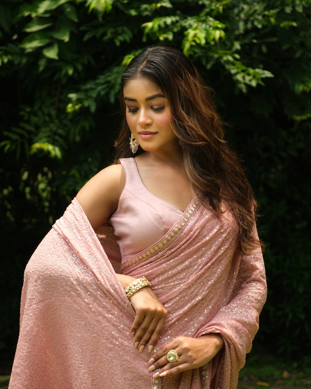 Rose Pink Georgette Sequins Saree
