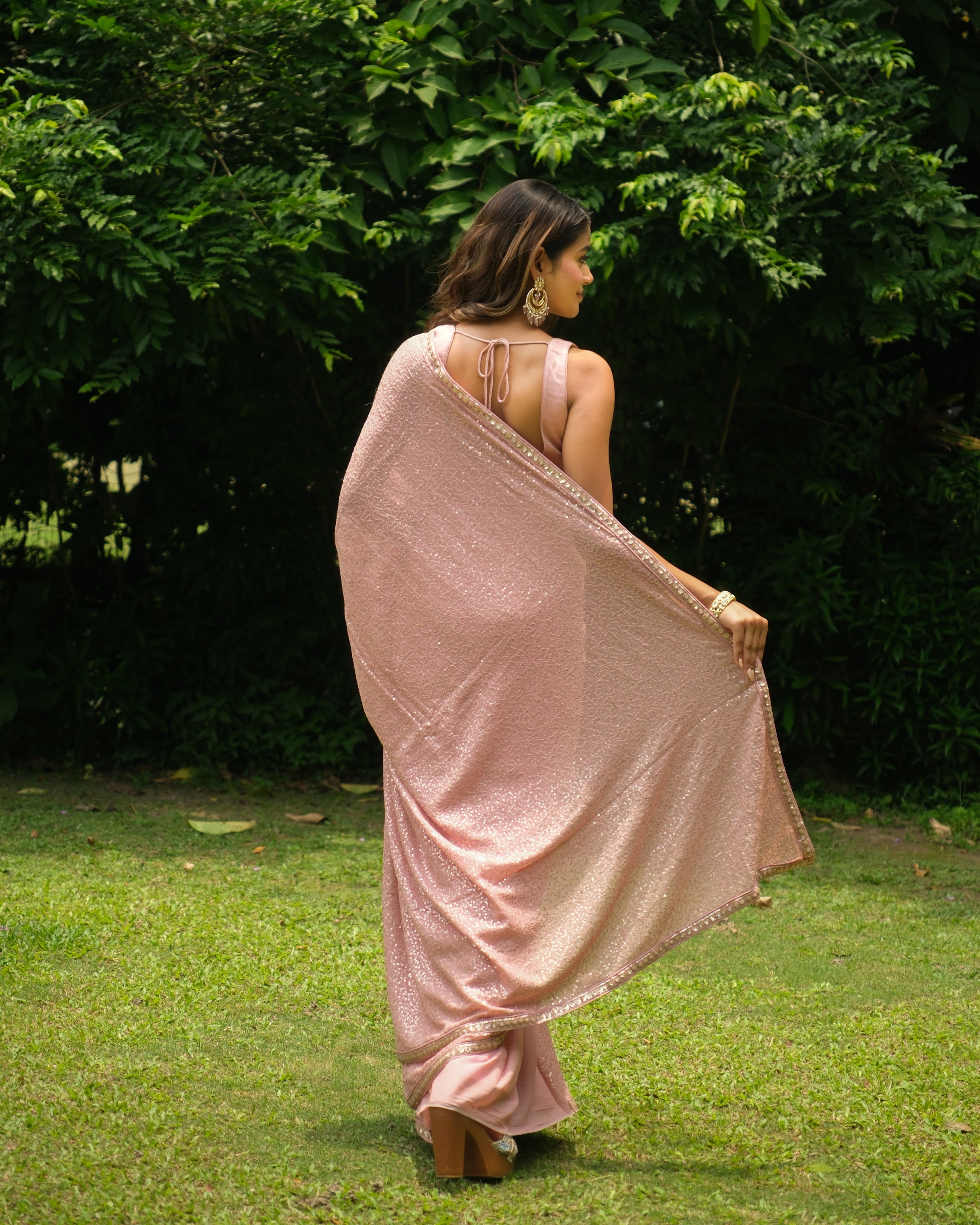 Rose Pink Georgette Sequins Saree