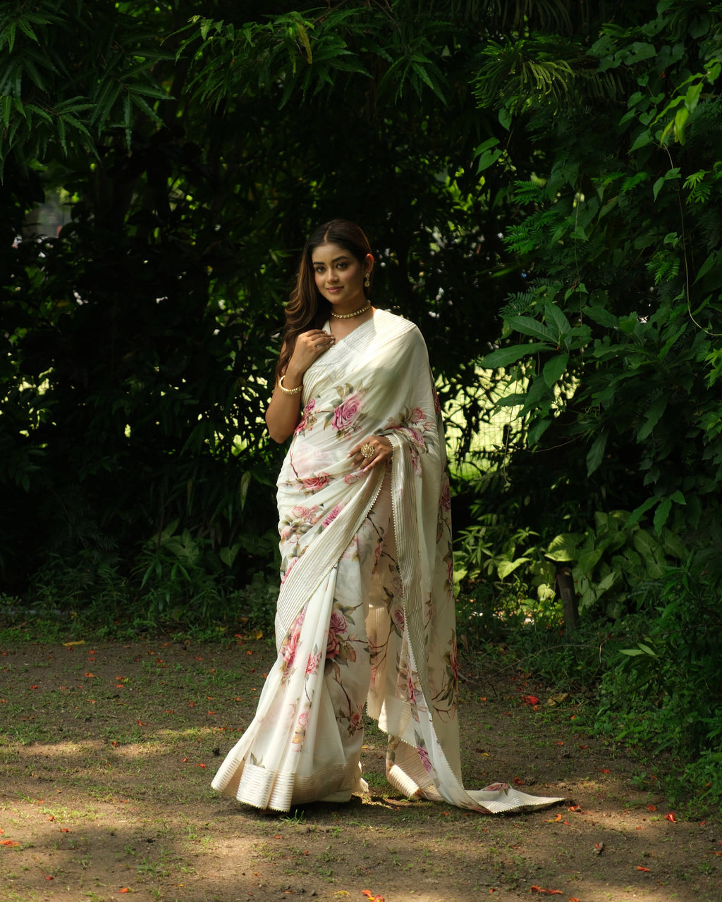White Georgette Digital Printed Saree
