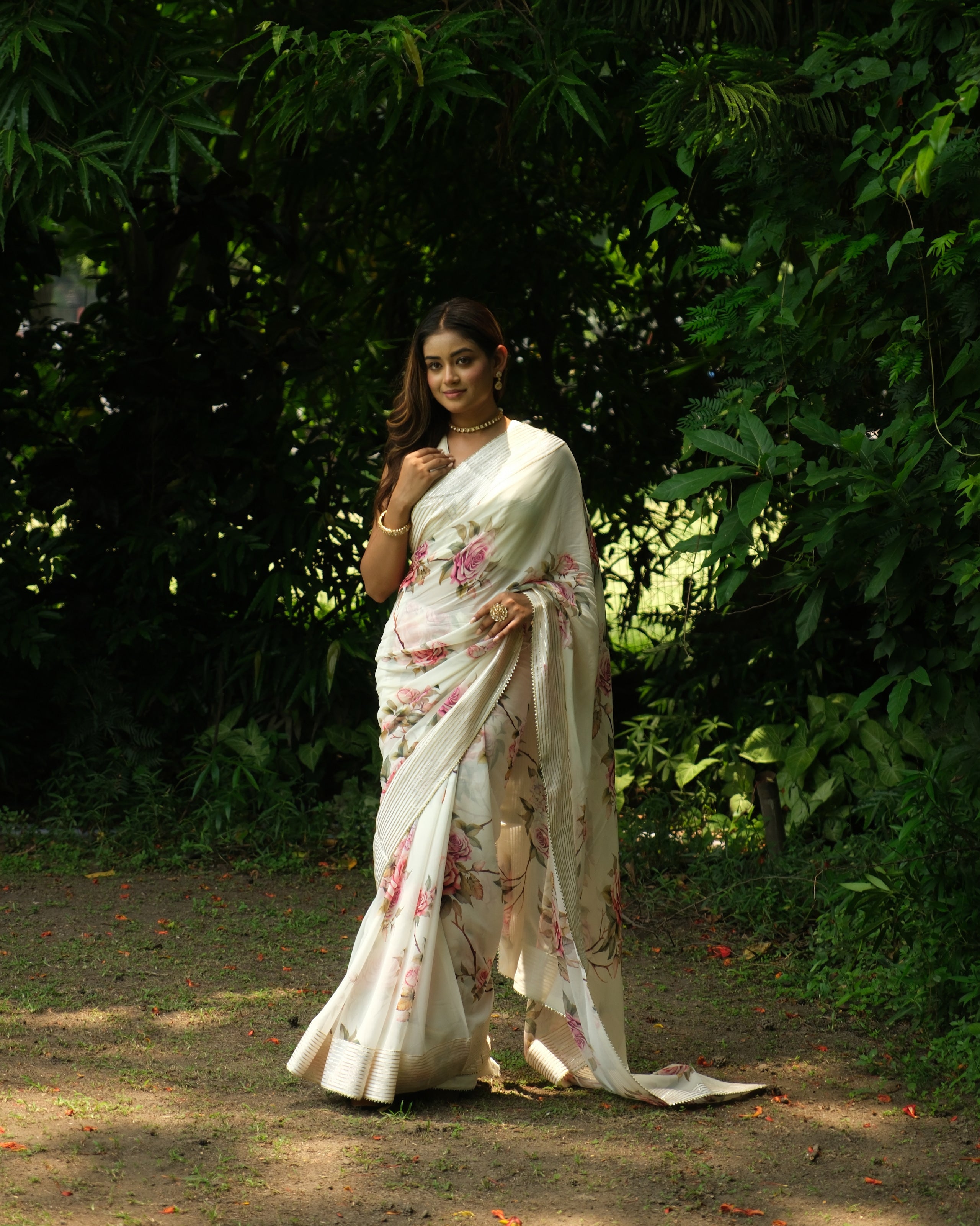White Georgette Digital Printed Saree