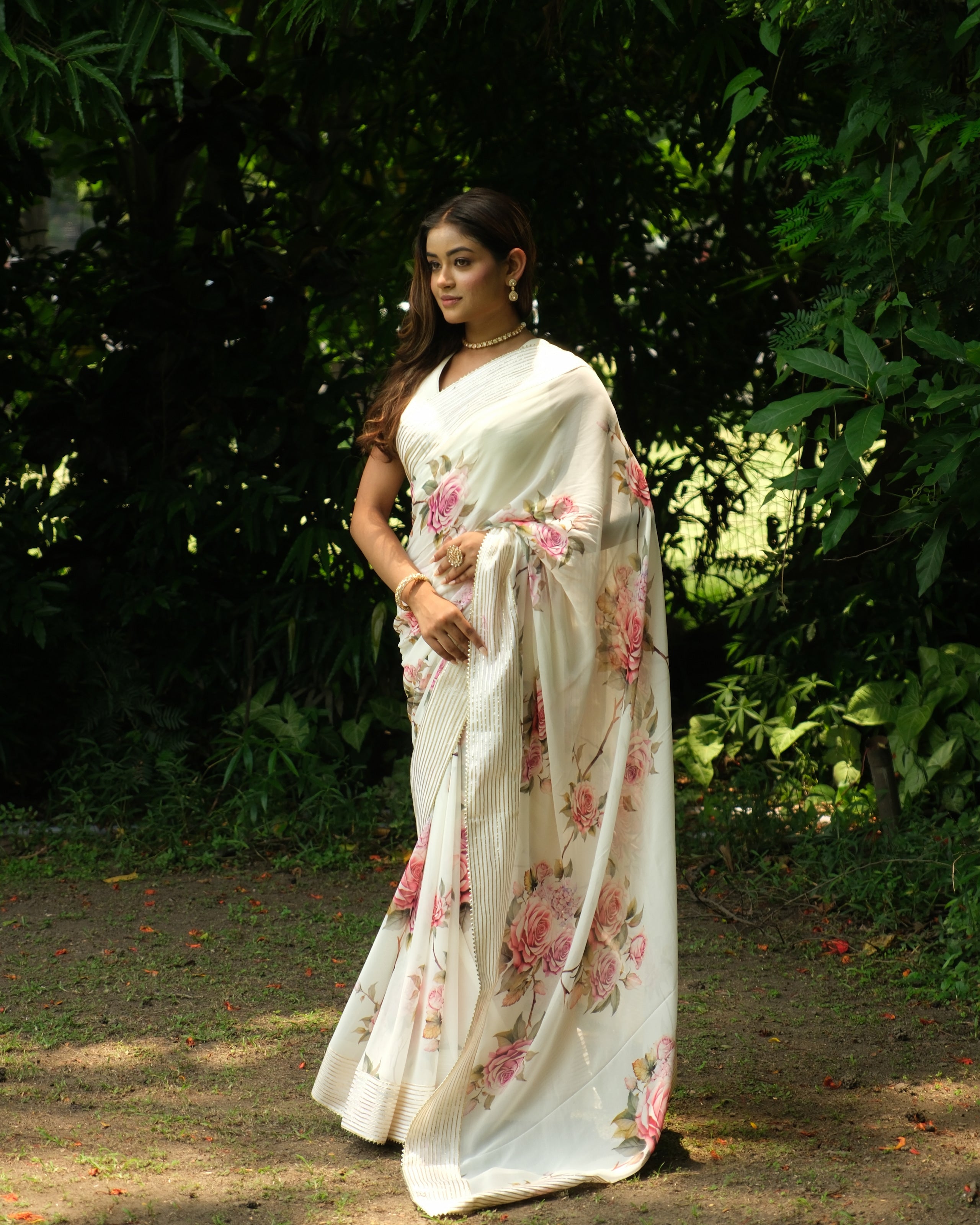 White Georgette Digital Printed Saree