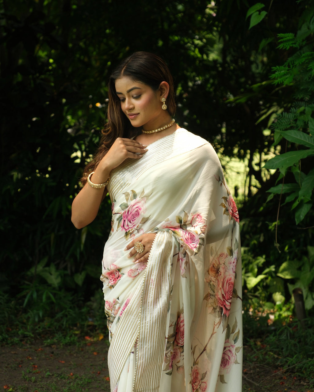 White Georgette Digital Printed Saree