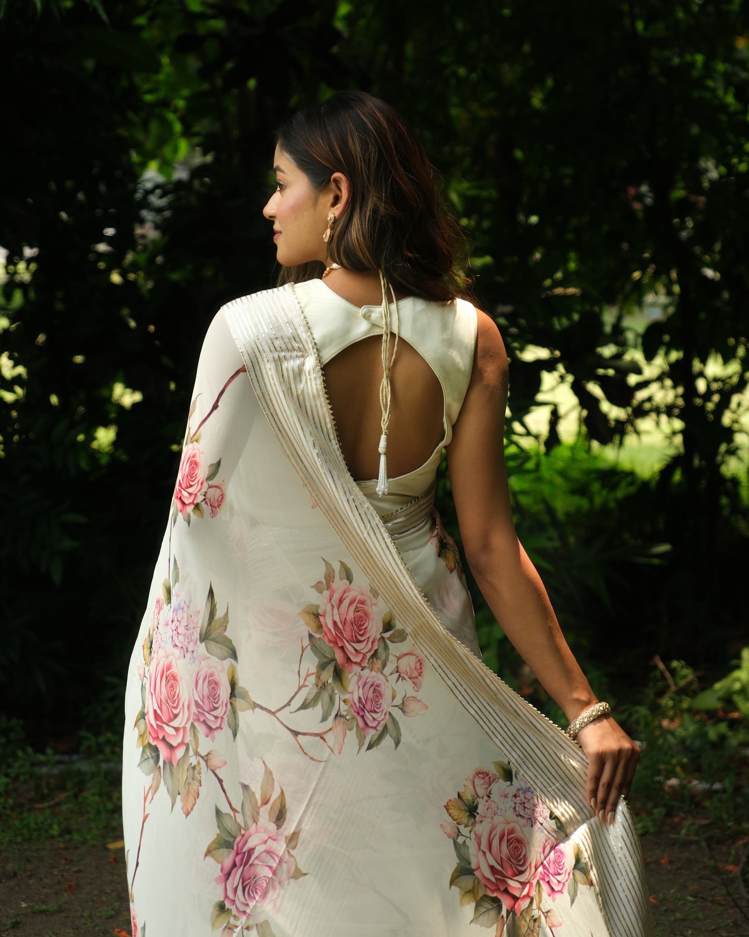 White Georgette Digital Printed Saree