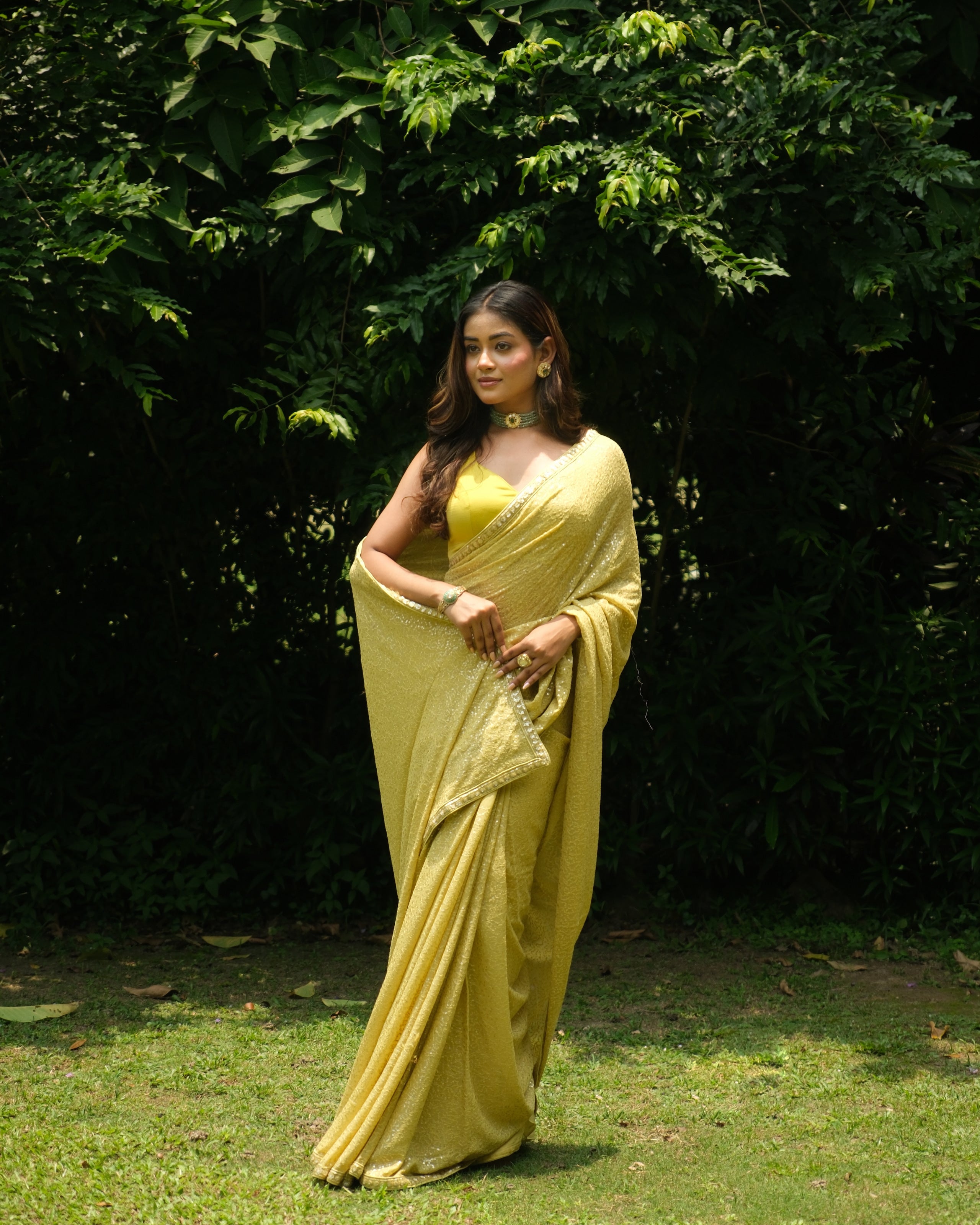 Daffodil Yellow Georgette Sequins Saree