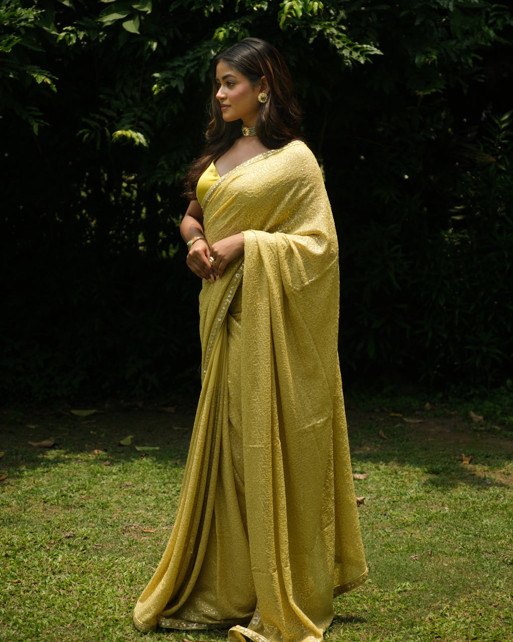 Daffodil Yellow Georgette Sequins Saree