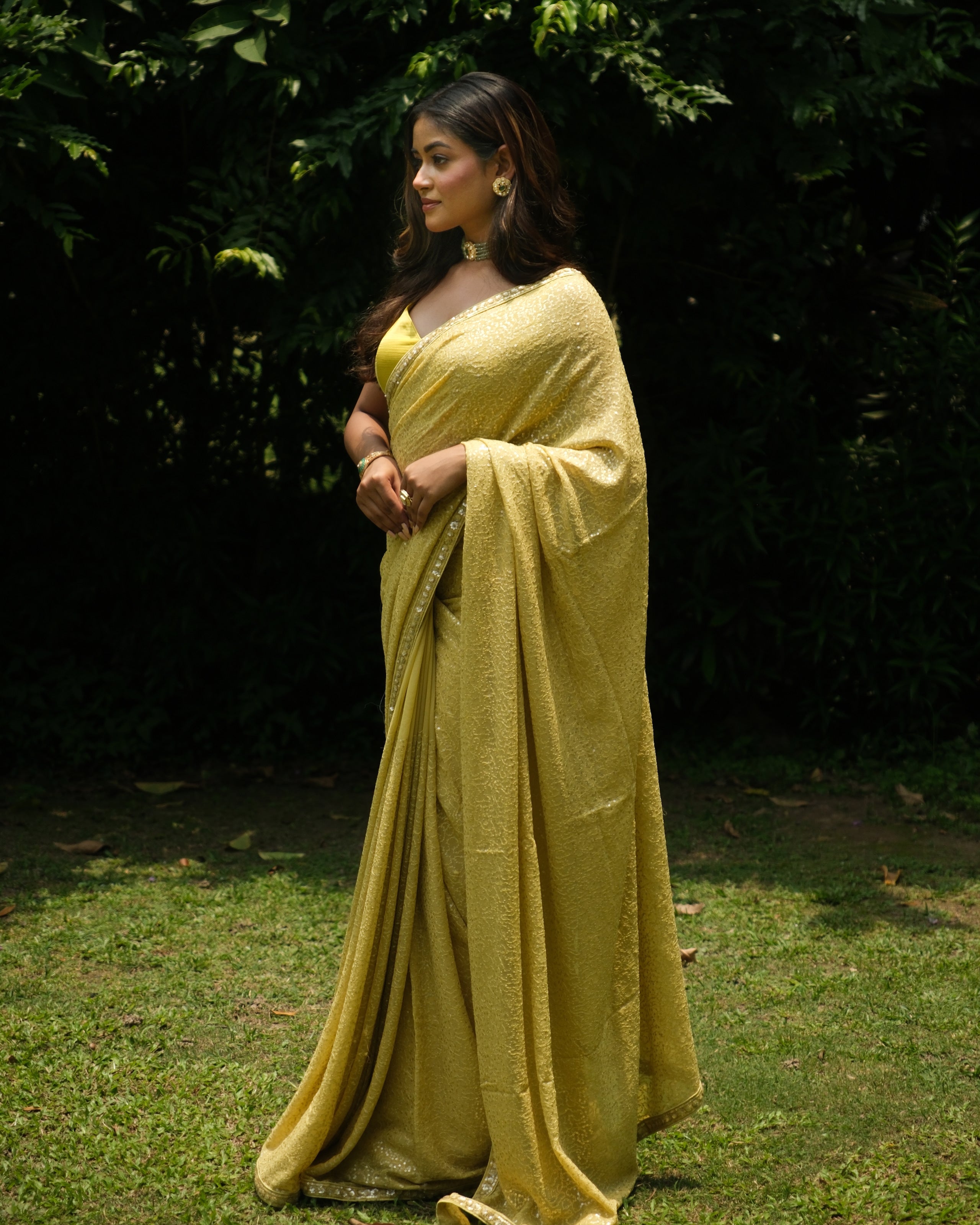 Daffodil Yellow Georgette Sequins Saree