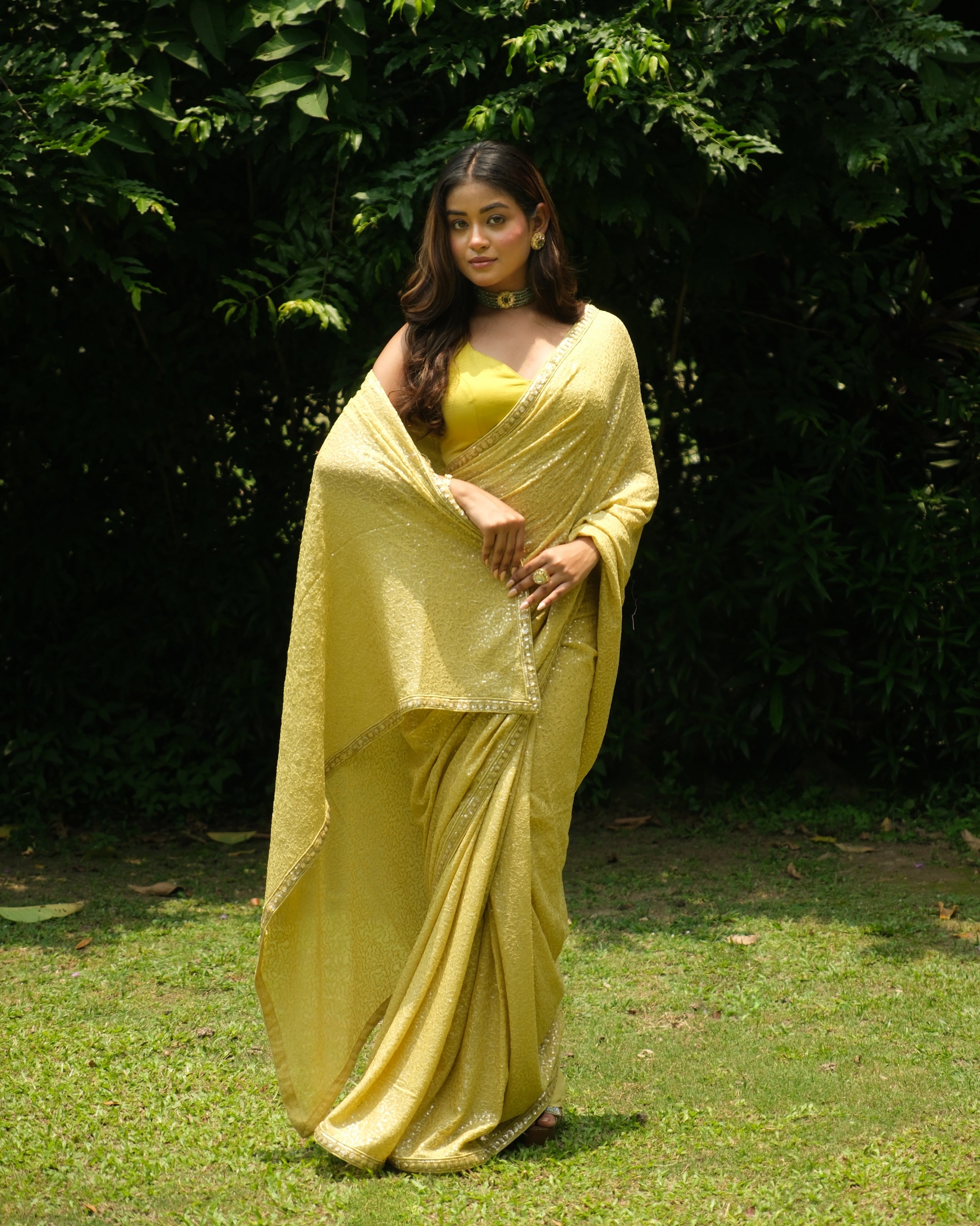 Daffodil Yellow Georgette Sequins Saree