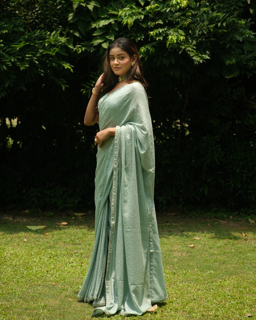 Ice Blue Georgette Sequins Saree