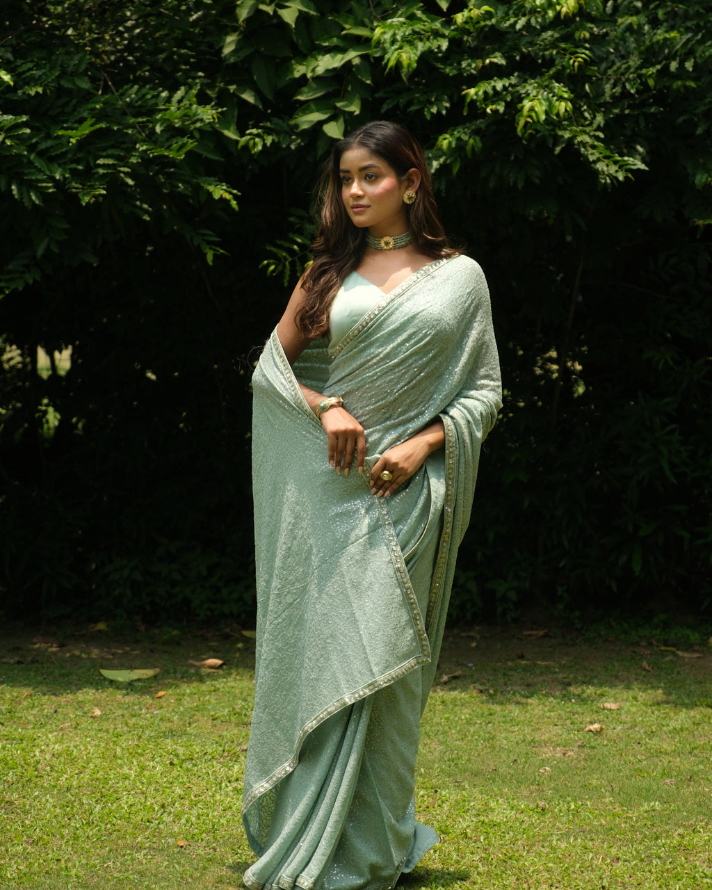 Ice Blue Georgette Sequins Saree