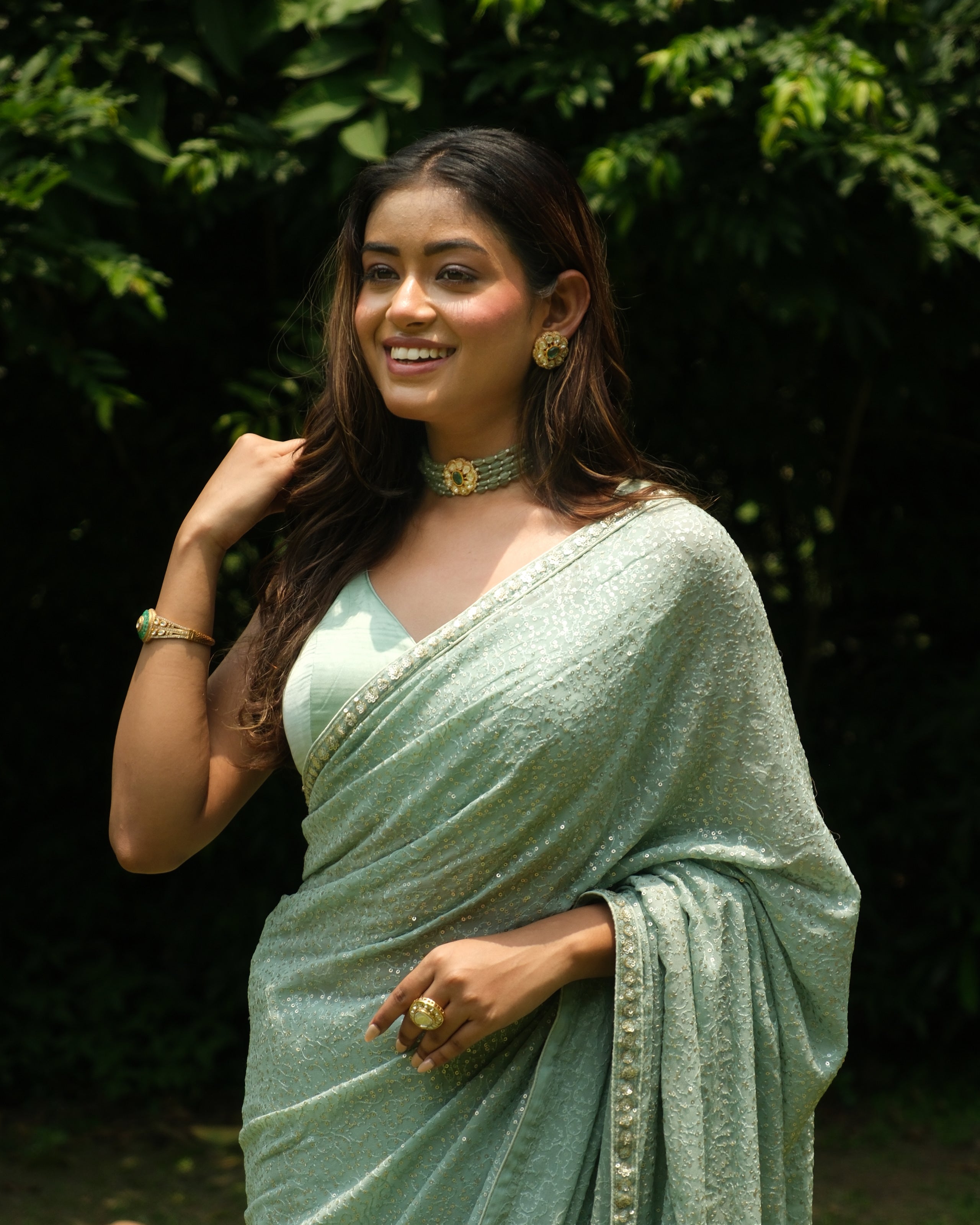 Ice Blue Georgette Sequins Saree