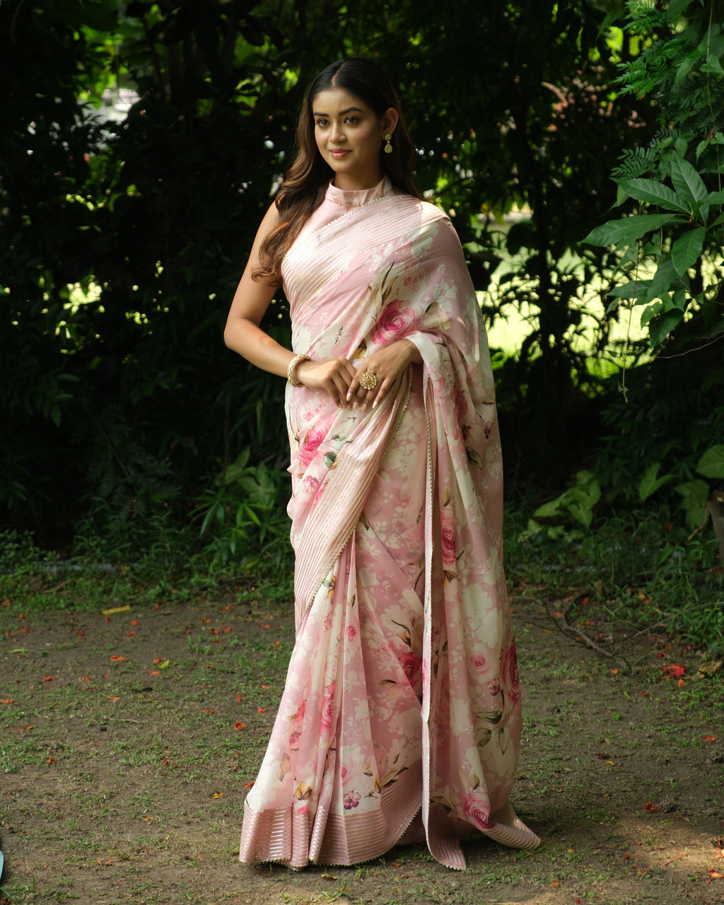 Rose Pink Georgette Digital Printed Saree