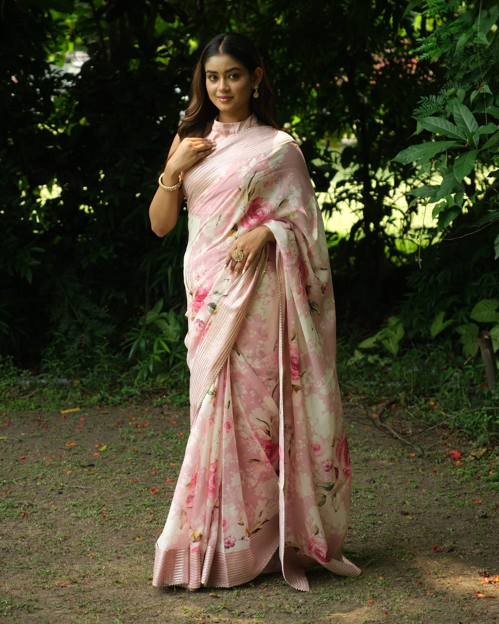 Rose Pink Georgette Digital Printed Saree