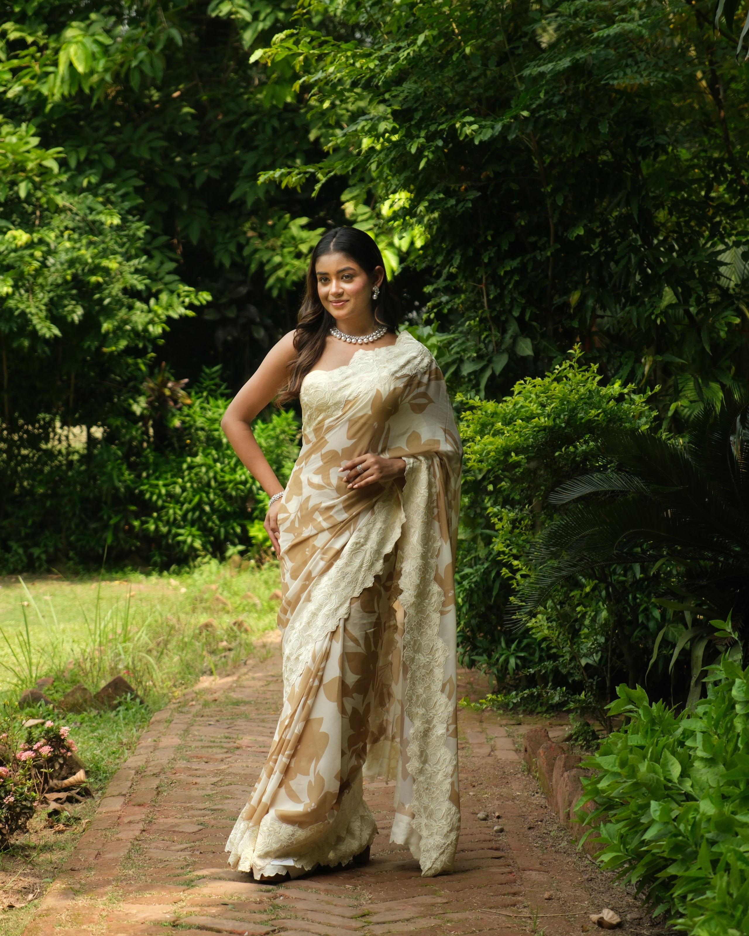 Beige Georgette Threadwork Saree