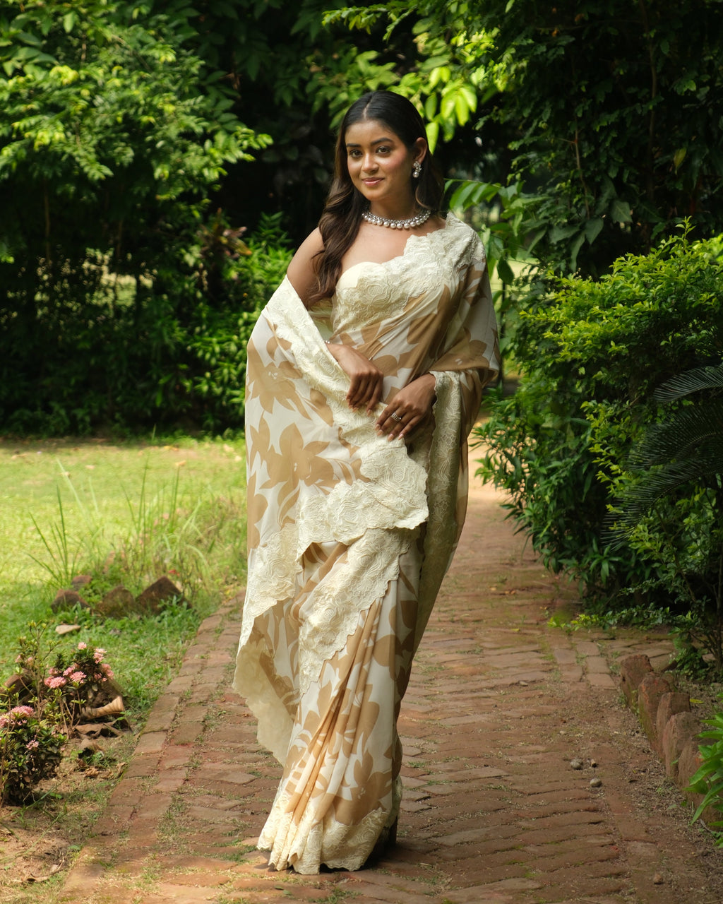 Beige Georgette Threadwork Saree
