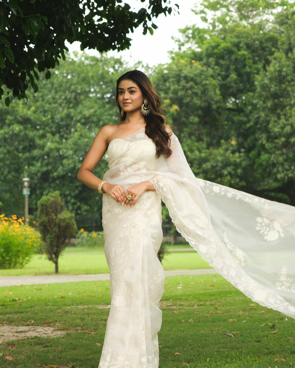 Ivory Organza Applique Saree